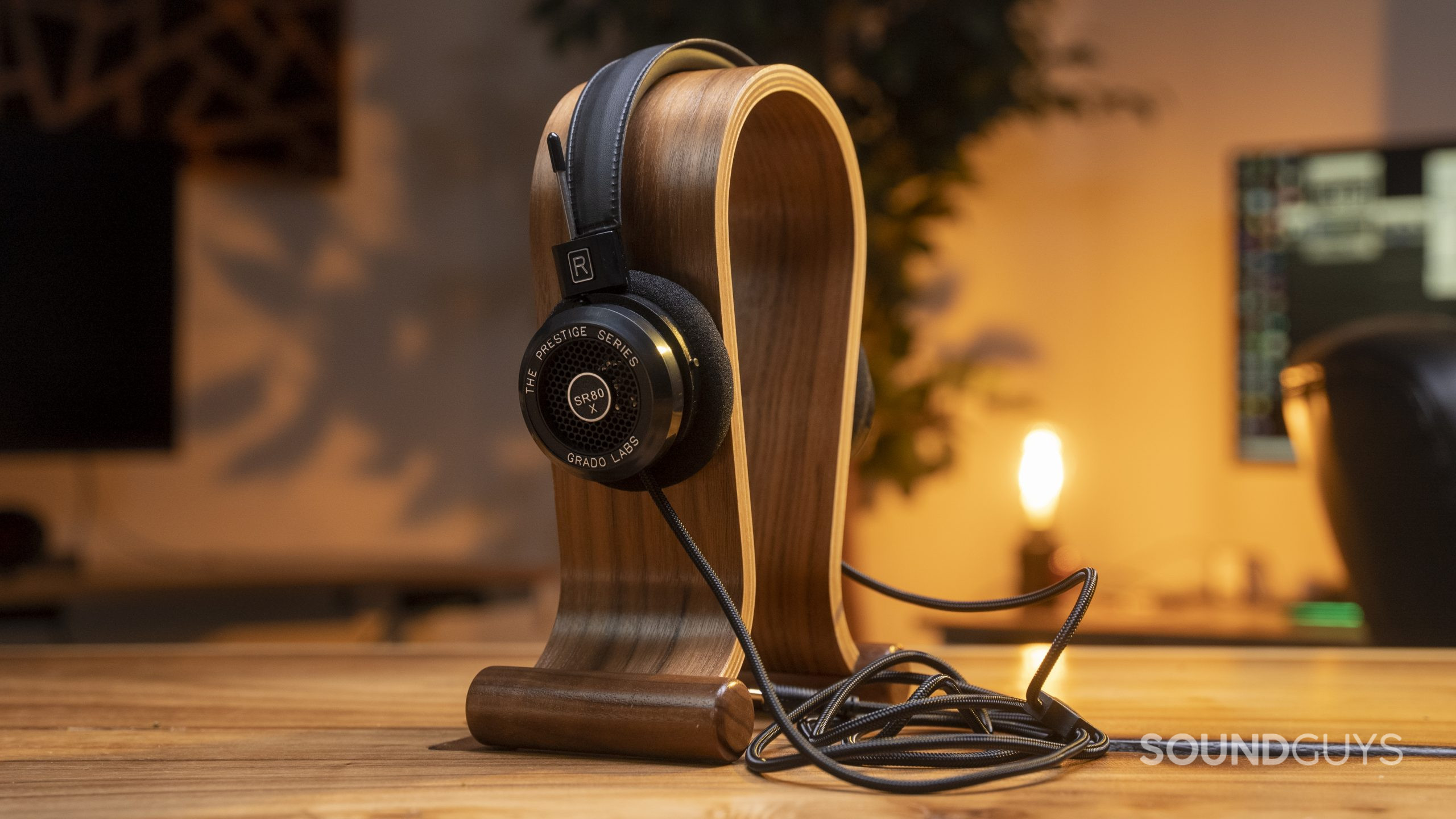 Grado Labs SR80x from the side fitted over a headphone stand.