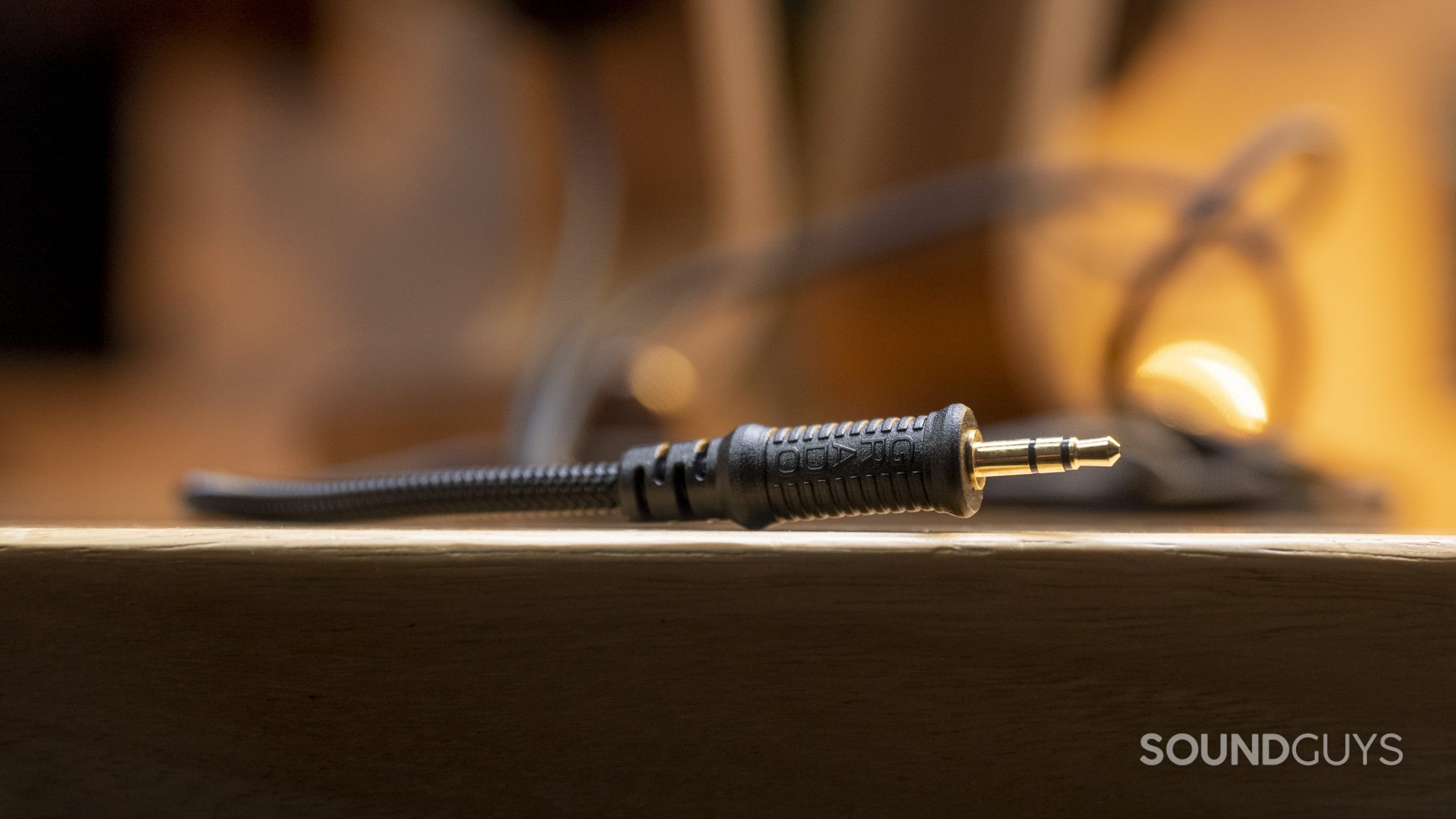 A close up of the Grado Labs SR80x braided cable and headphone jack.