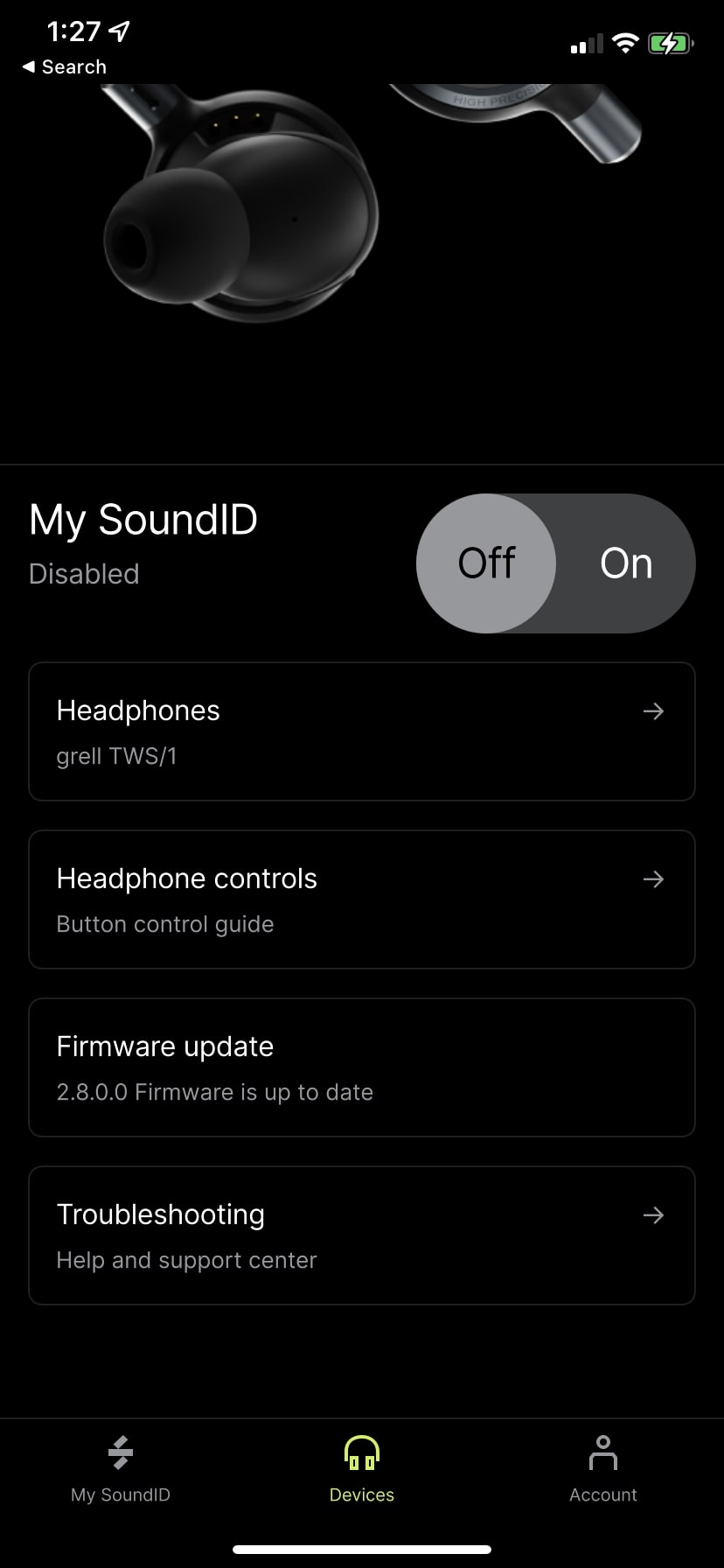 Grell Audio TWS 1 SoundID app home screen