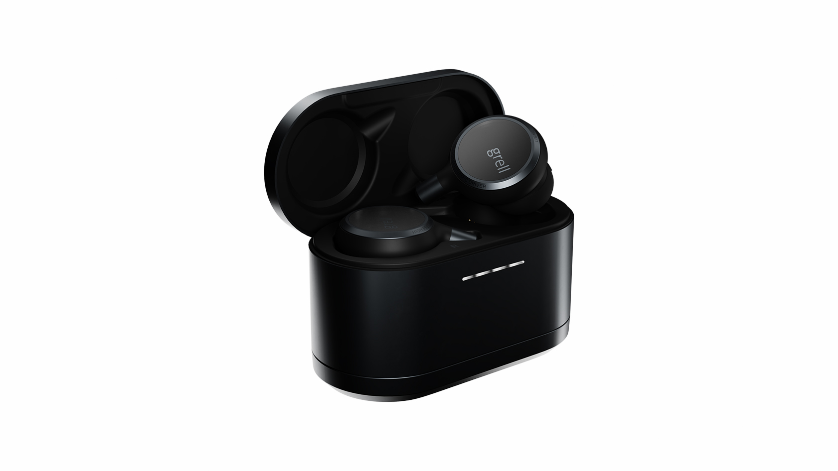 The Grell Audio TWS 1 earbuds and case in black against a white background.