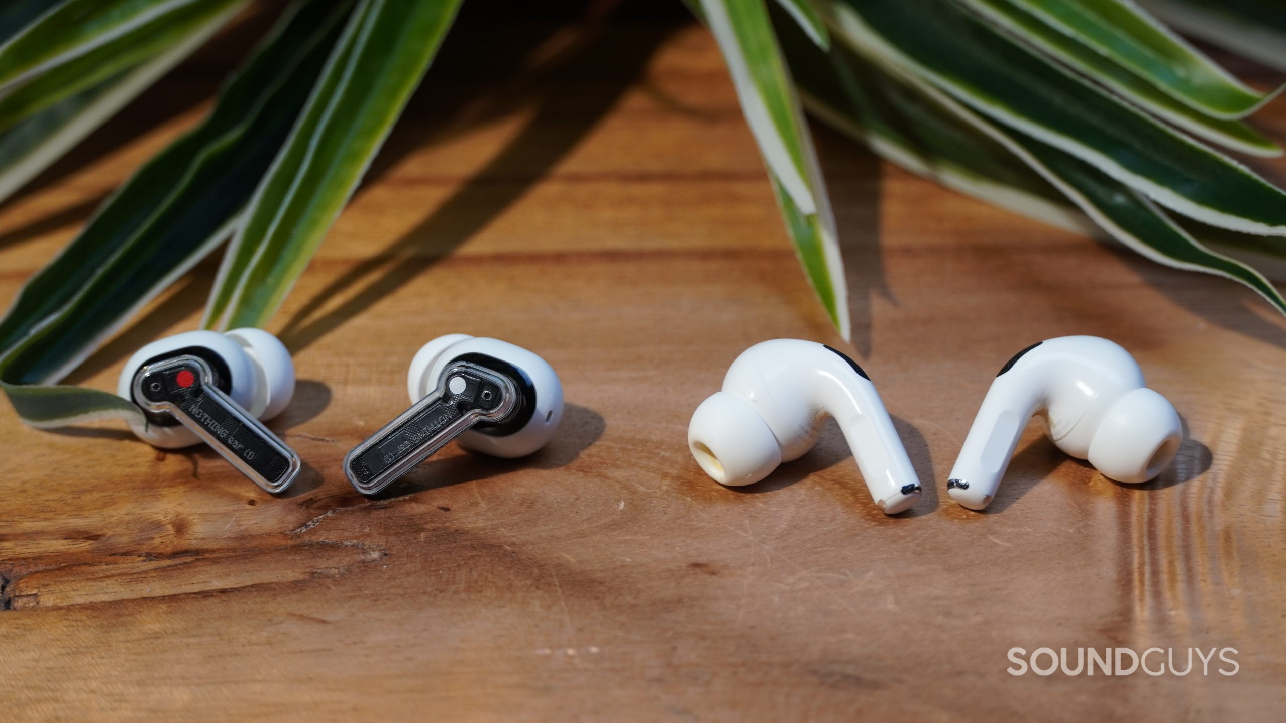 Nothing Ear 1 and Apple AirPods Pro earbuds on table in front of a plant