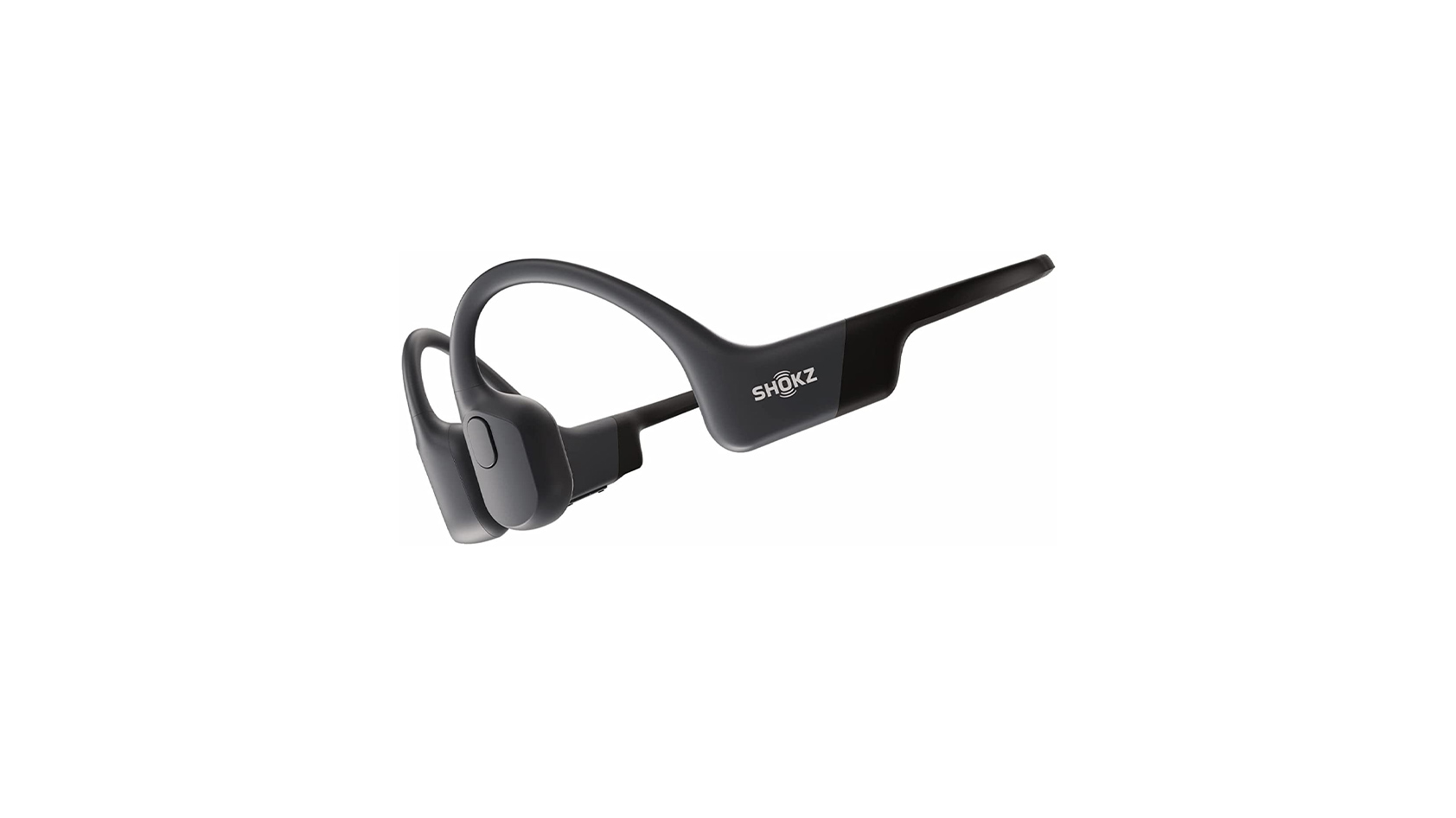 Shokz openrun product image The Shokz OpenRun bone conduction headphones in black against a white background.