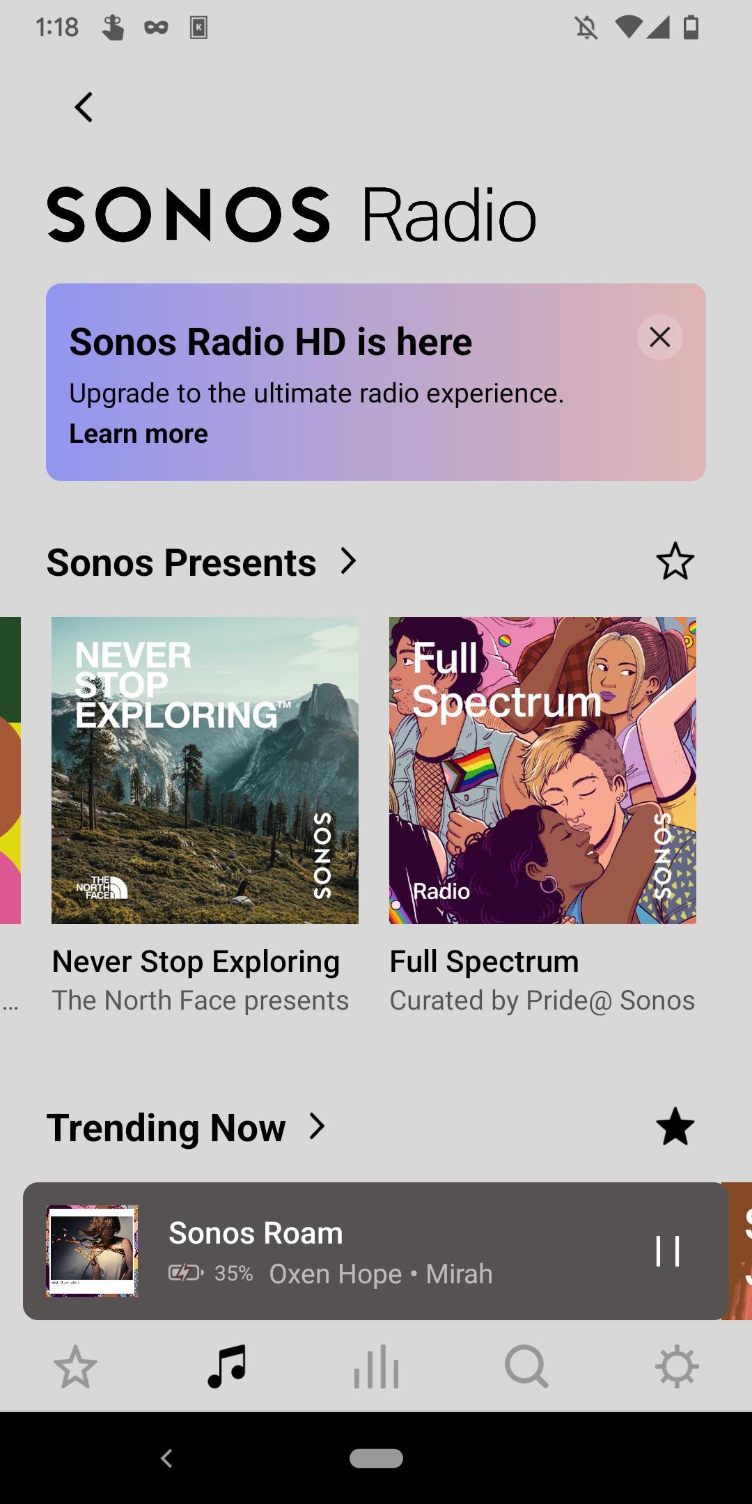 Screenshot of the Sonos mobile app showing the Sonos Radio service.