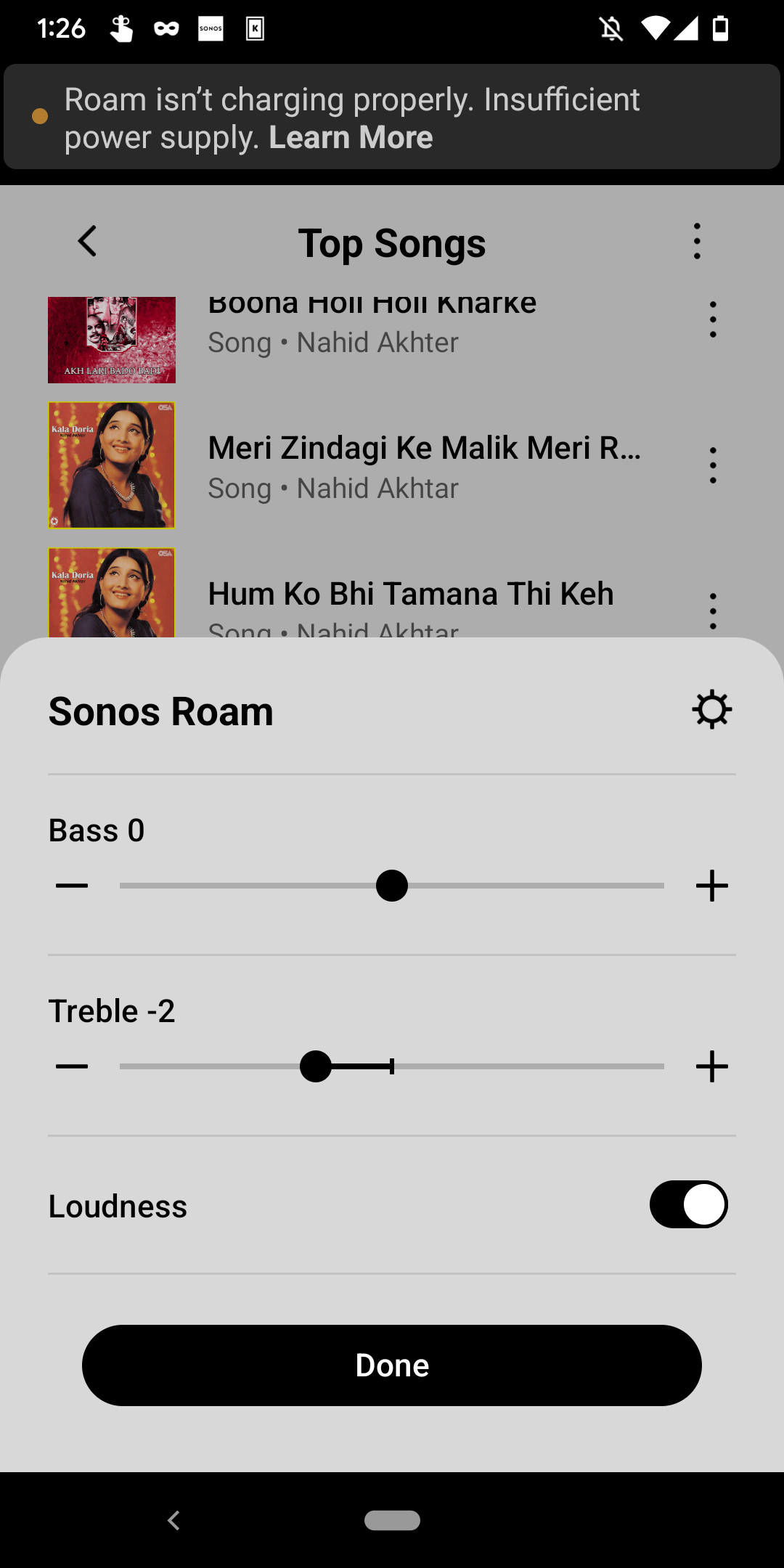 Screenshot of the Sonos mobile app showing the equalizer pulled up over a search results list of Nahid Akhtar's songs and albums.