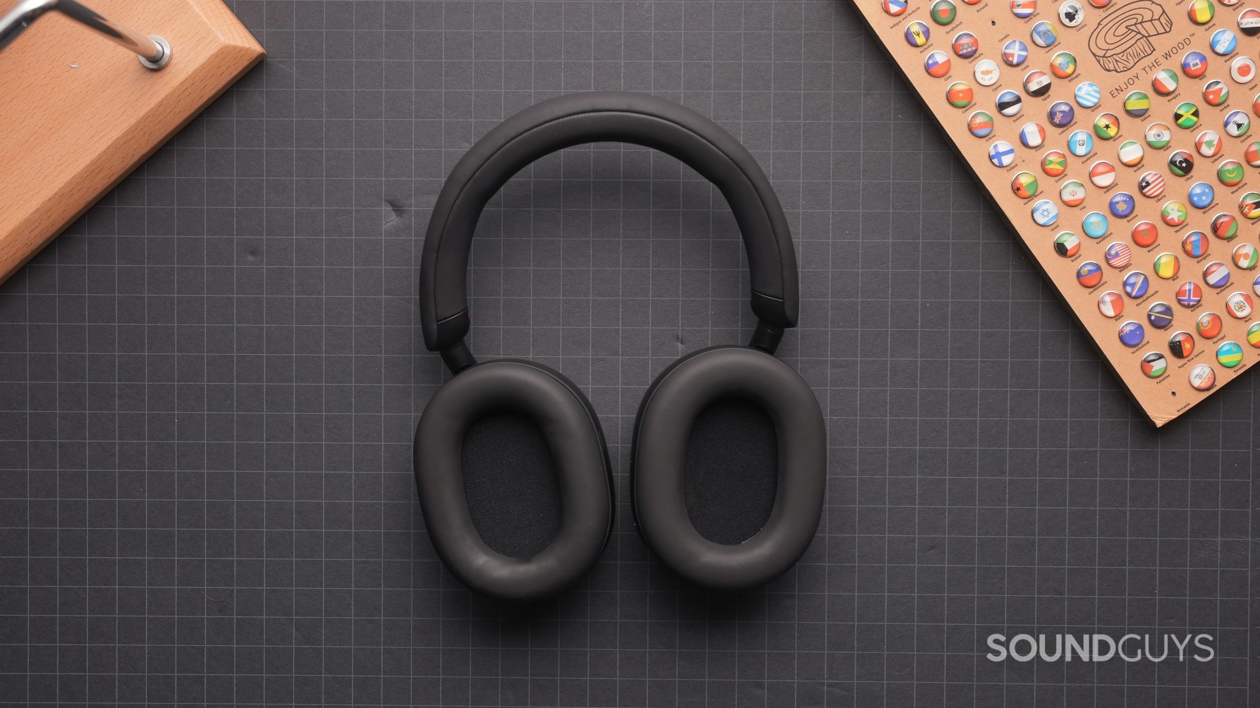Top-down view of the Sony-WH1000XM5 with the ear cups folded flat and upwards