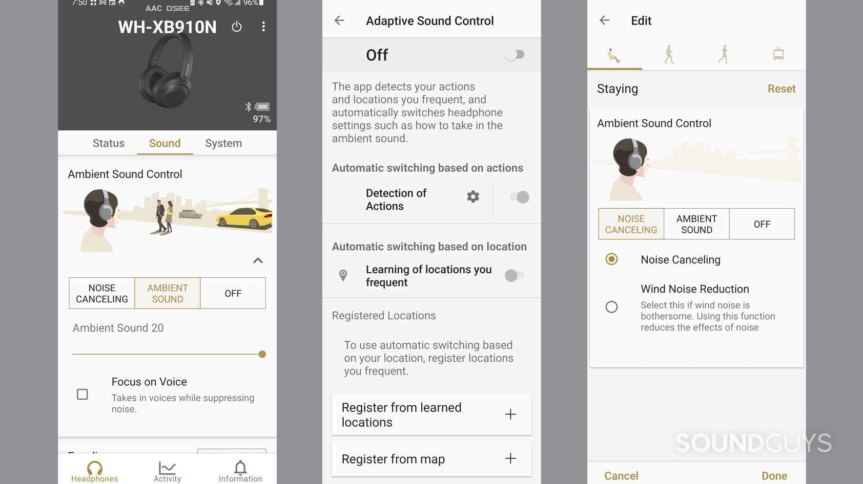 Three screenshots show various settings for Adaptive Sound in the Headphones Connect app for Sony WH-XB910N.