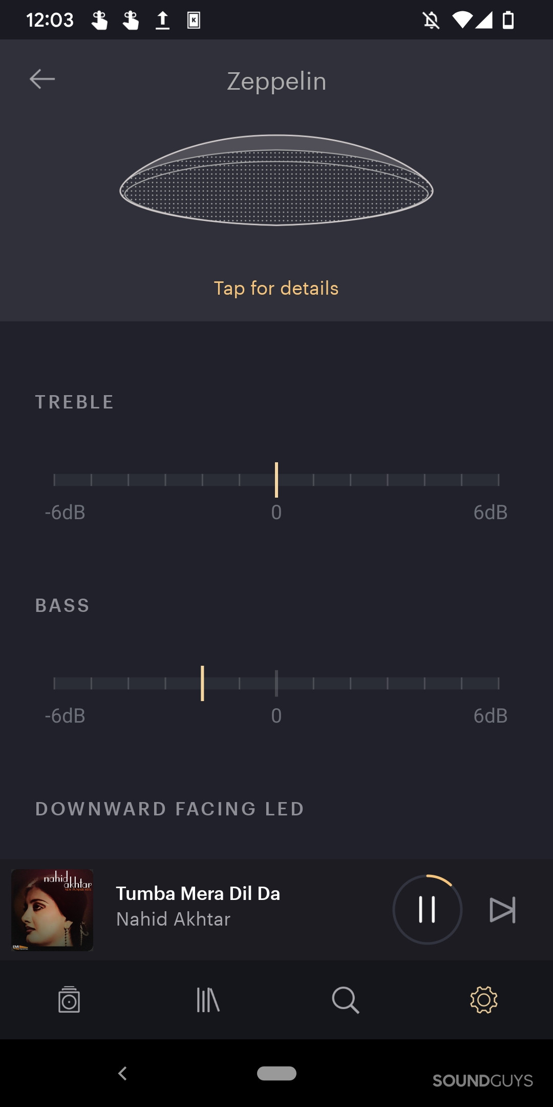 A screenshot of the Bowers & Wilkins Music app showing the EQ for the Zeppelin speaker with th ebass lsider moved down by two notches and a song called 'Tumba Mera Dila Da' by Nahid Akhtar playing.