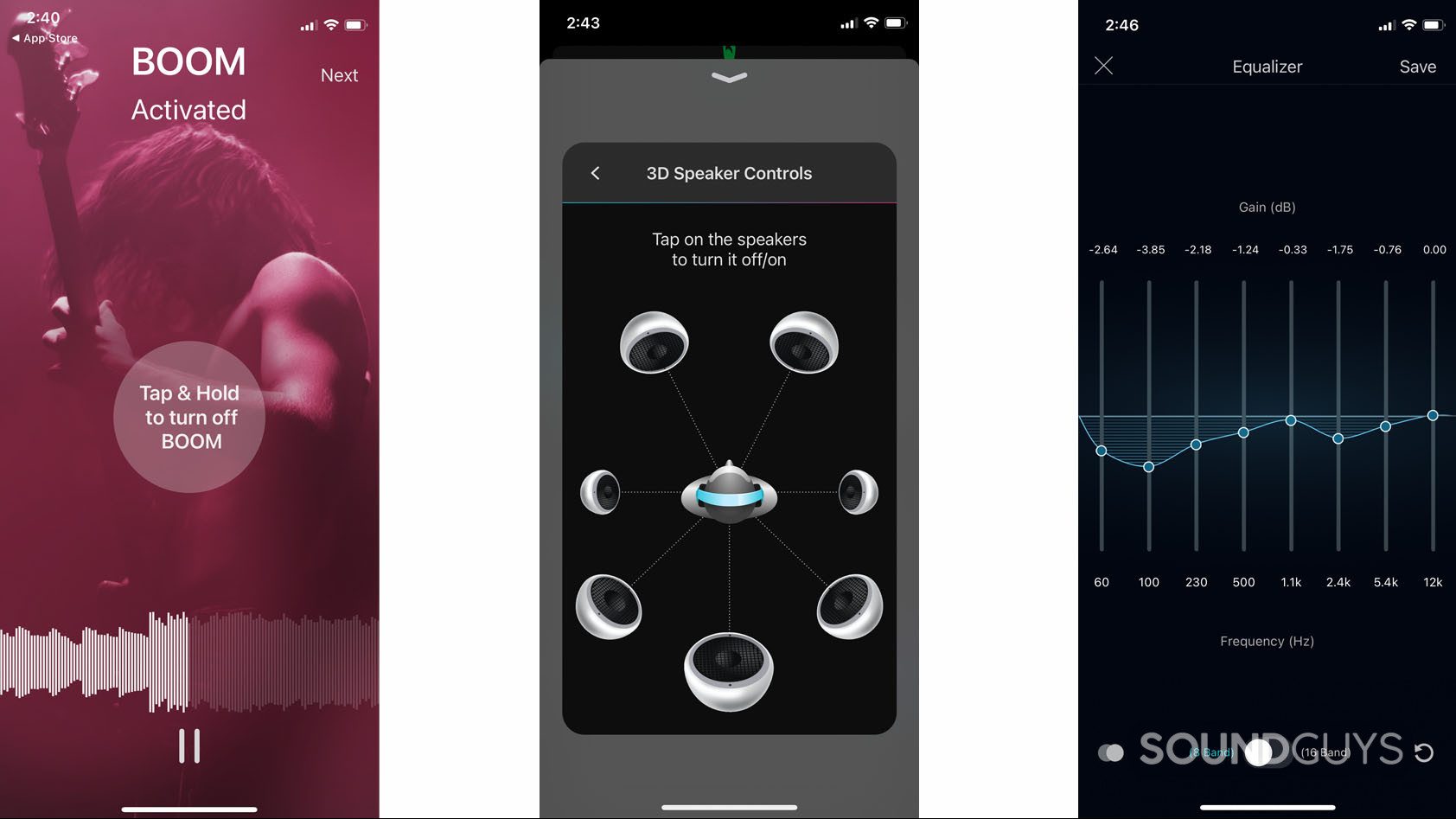 Three screenshots from the Boom app on iOS: listing the intro screen that toggles the default EQ on/off, the 3D speaker controls, and the 8-band EQ.