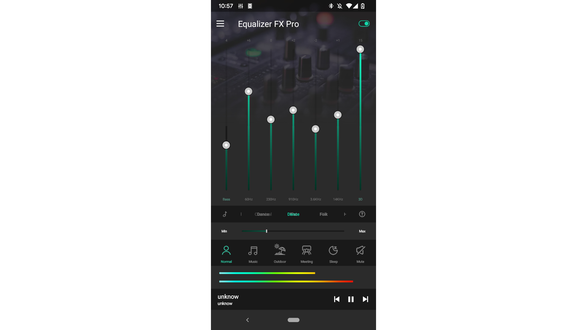 A screenshot of the EqualizerFX Pro app showing the EQ bands and simple interace of the app.