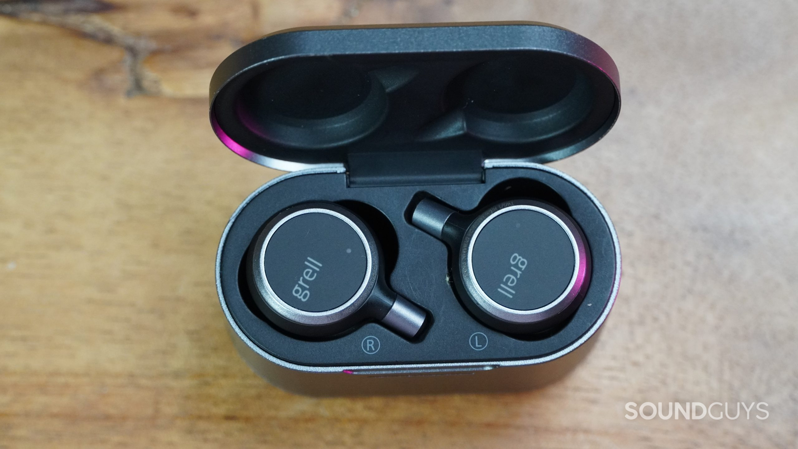 Grell Audio TWS 1 top down view of earbuds in charging case