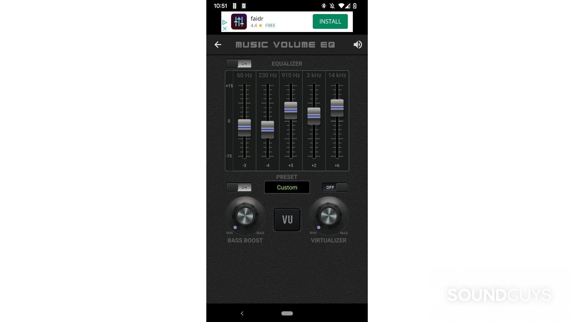 A screenshot of the Music Volume EQ app showing the five-band equalizer in a custom setting.