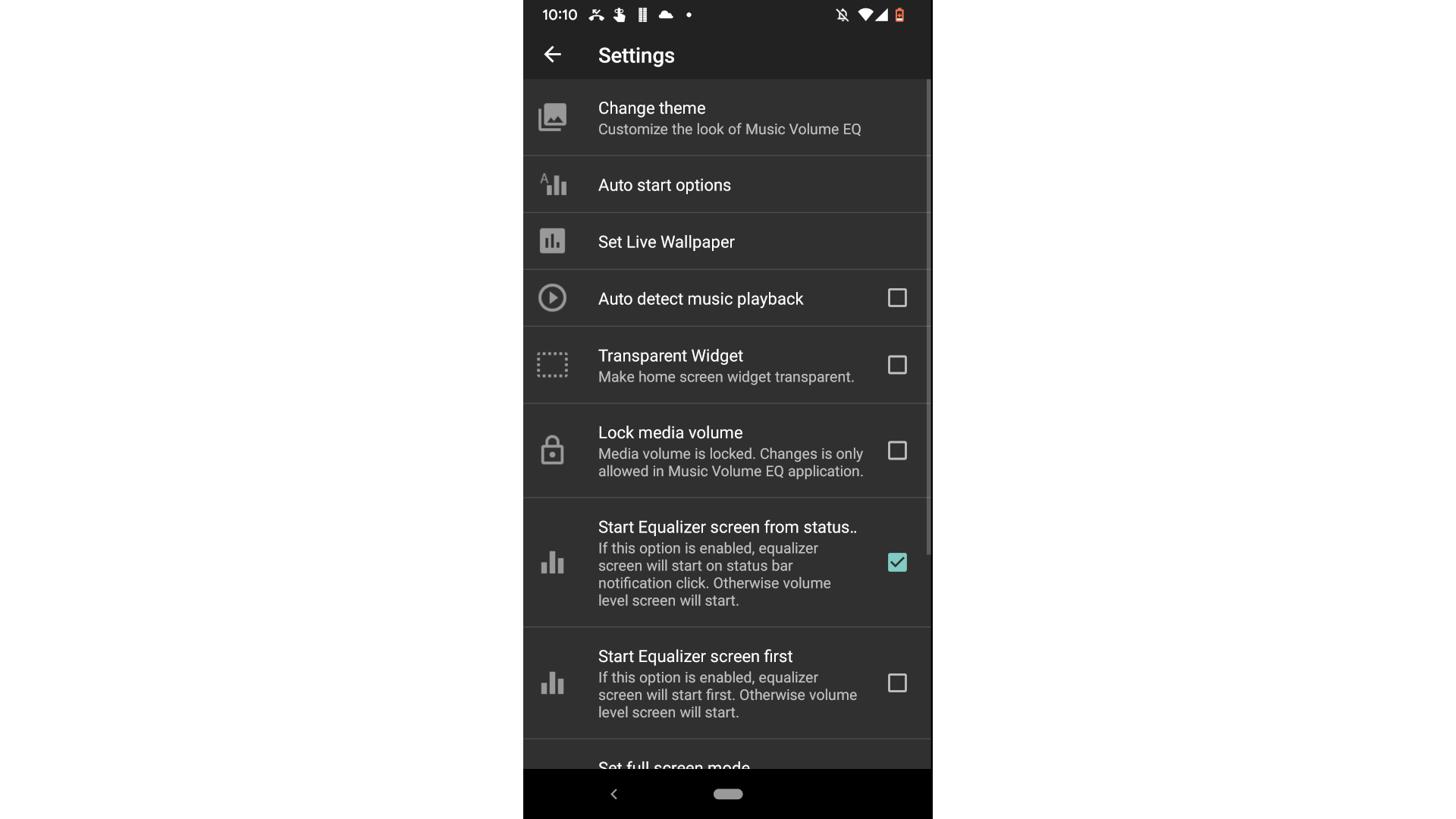 A screenshot of the Music Volume EQ app showing its settings menu.