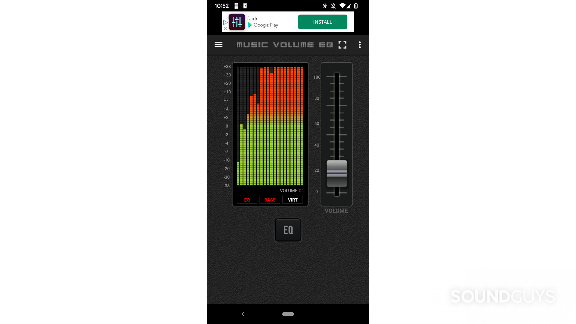 A screenshot of the Music Volume EQ app showing a slider and a colorful visualizer.