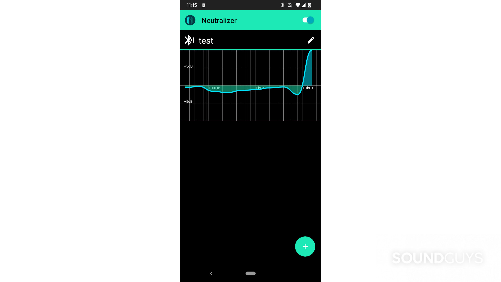 A screenshot of the Neutralizer app showing an EQ curve. The app is black with turquise being used for the graph, buttons, and app header.