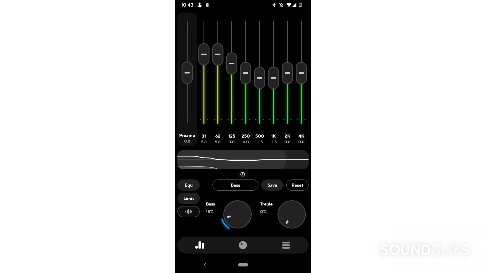 A screenshot of the Powermap Equalizer app showing adjustable sliders and dials. The sliders are green and yellow in color.