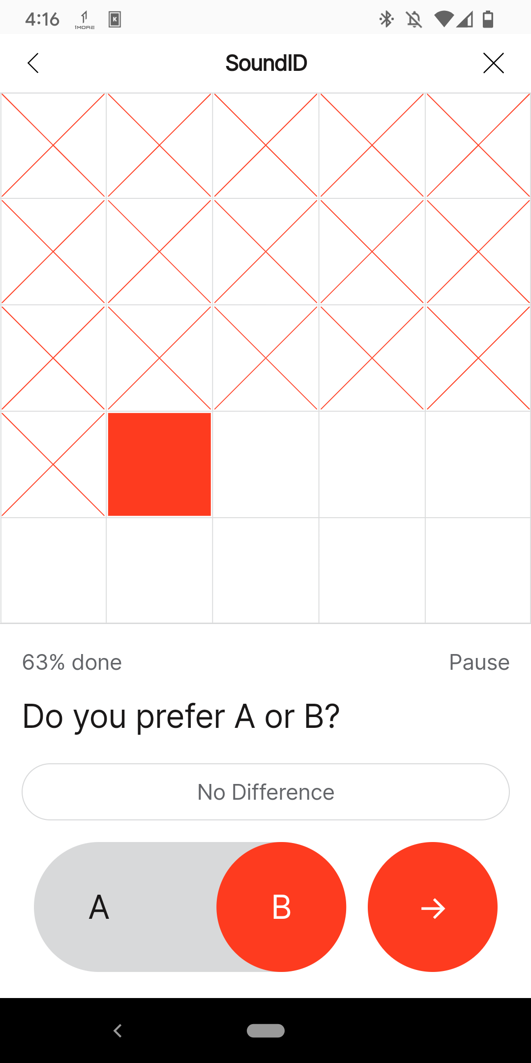 A screenshot of the SoundID app showing the test in progress asking "Do you prefer A or B?"