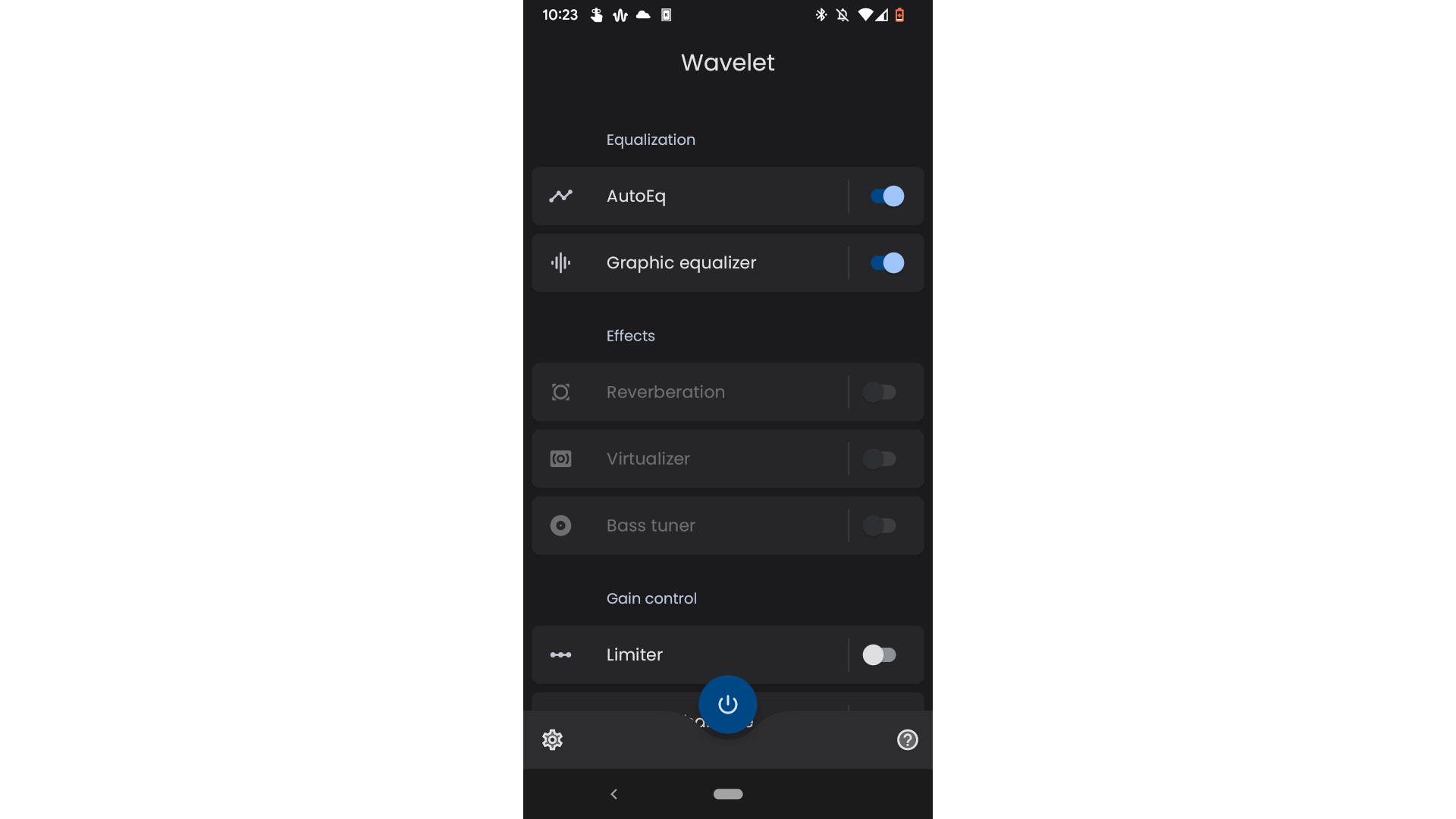 A screenshot of the Wavelet app showing the main screen and the various functions available, indicating that some are disabled due to this being a trial version of the app by greying out those options.