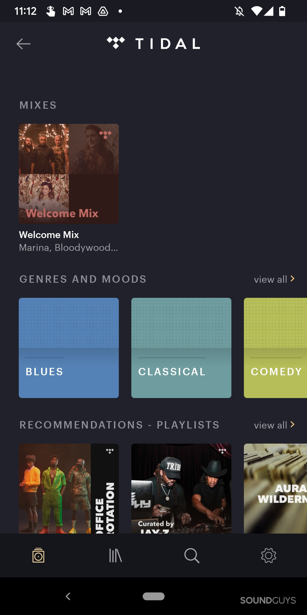 A screenshot of the Bowers & Wilkins Music app showing the Tidal streaming service page wth various genres available to explore in colored sqaures and a pre-made playlist called 'Welcome Mix'.