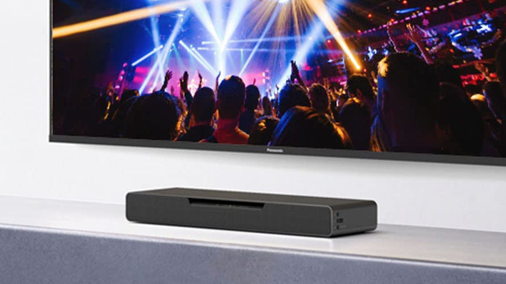 The Panasonic Sound Slayer gaming soundbar under a TV.