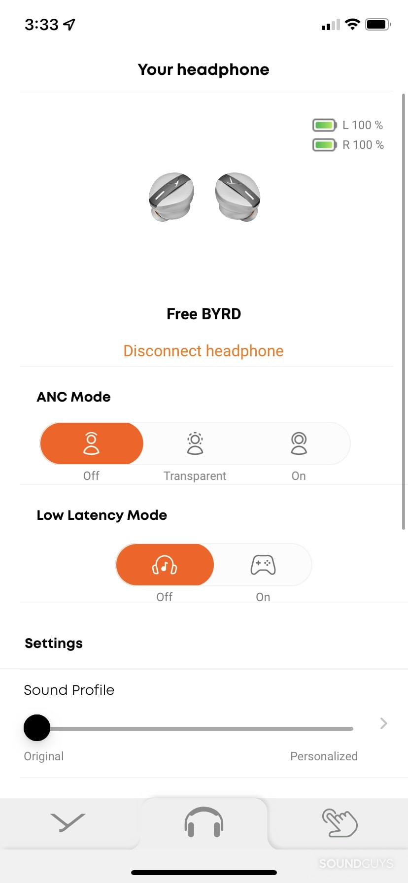 Beyerdynamic Free BYRD MIY app home screen showing listening modes and battery information.