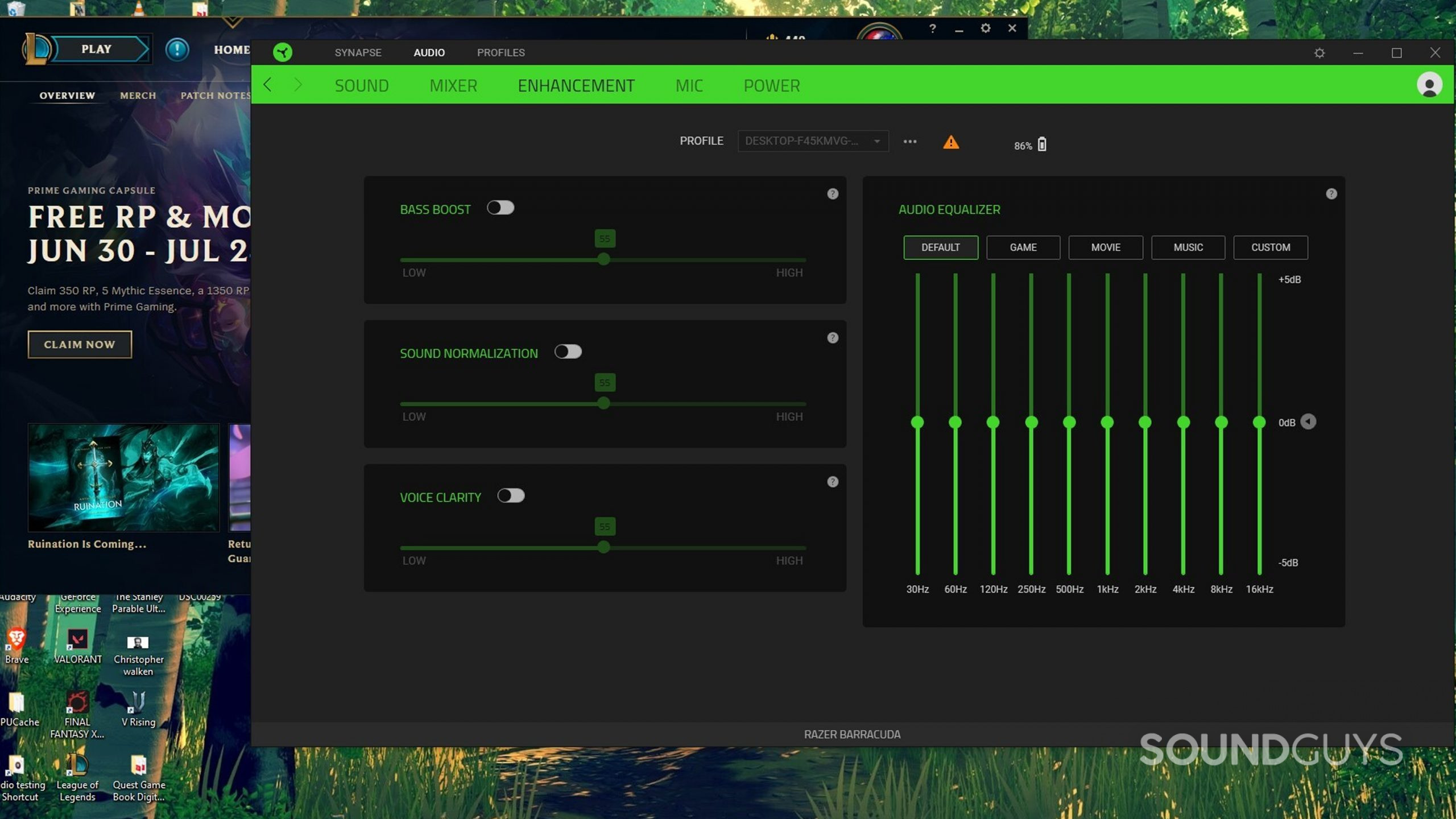 A screenshot for Razer Synapse 3, which shows the headphone EQ for Razer Barracuda