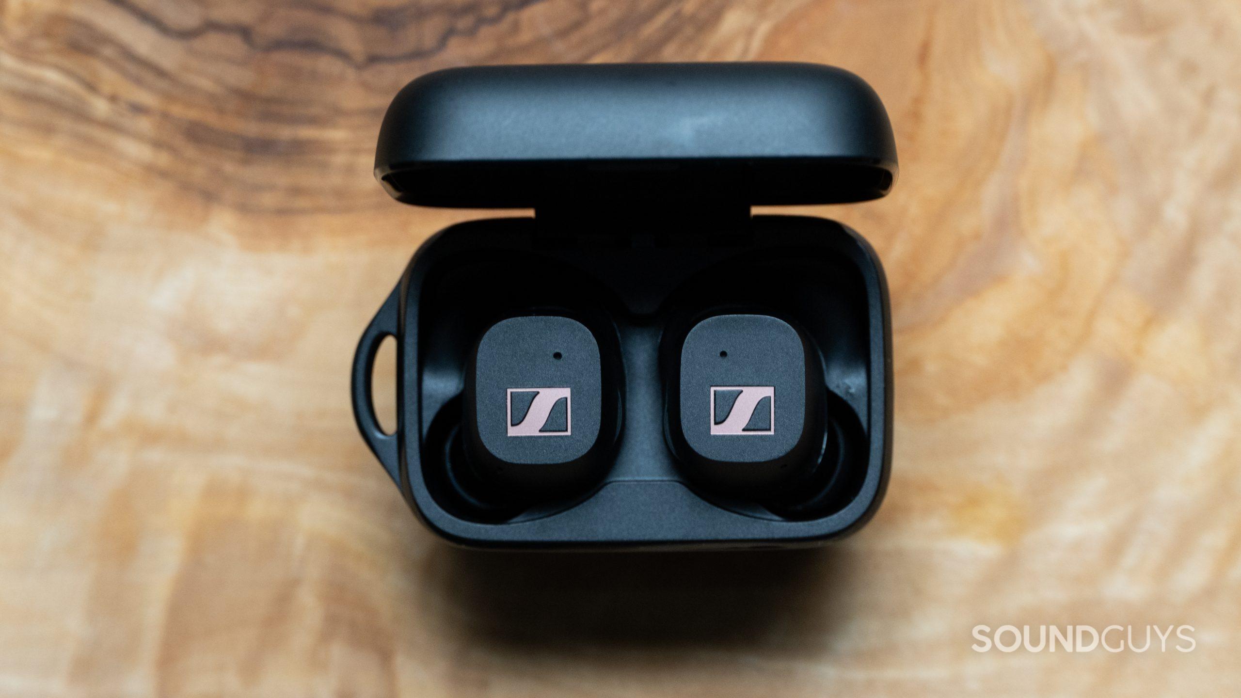 Sennheiser Sport True Wireless top down shot of earbuds inside charging case