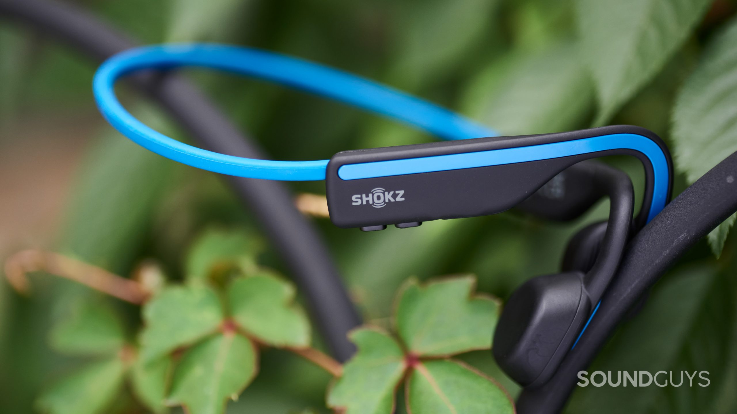 The Shokz OpenMove bone conduction headphones resting against some small leaves.