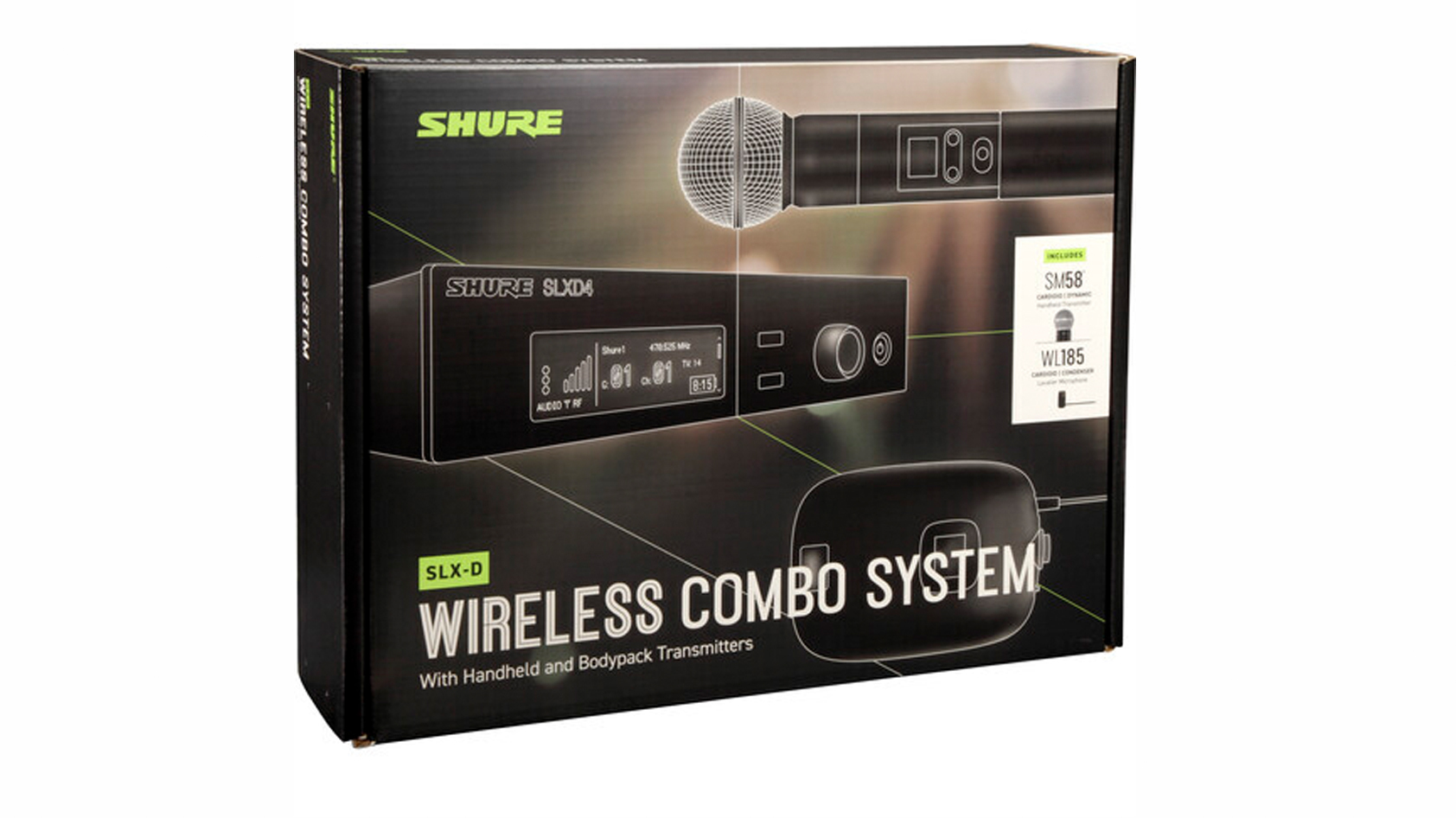 Shure SLXD124/85 wireless microphone system packaging against a white background.