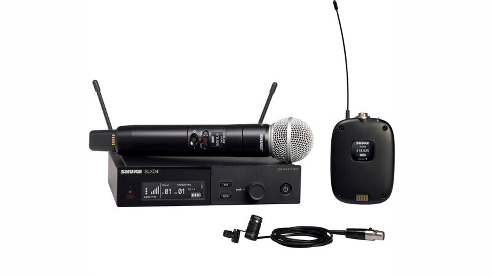 Shure SLXD124/85 wireless microphone system against a white background.