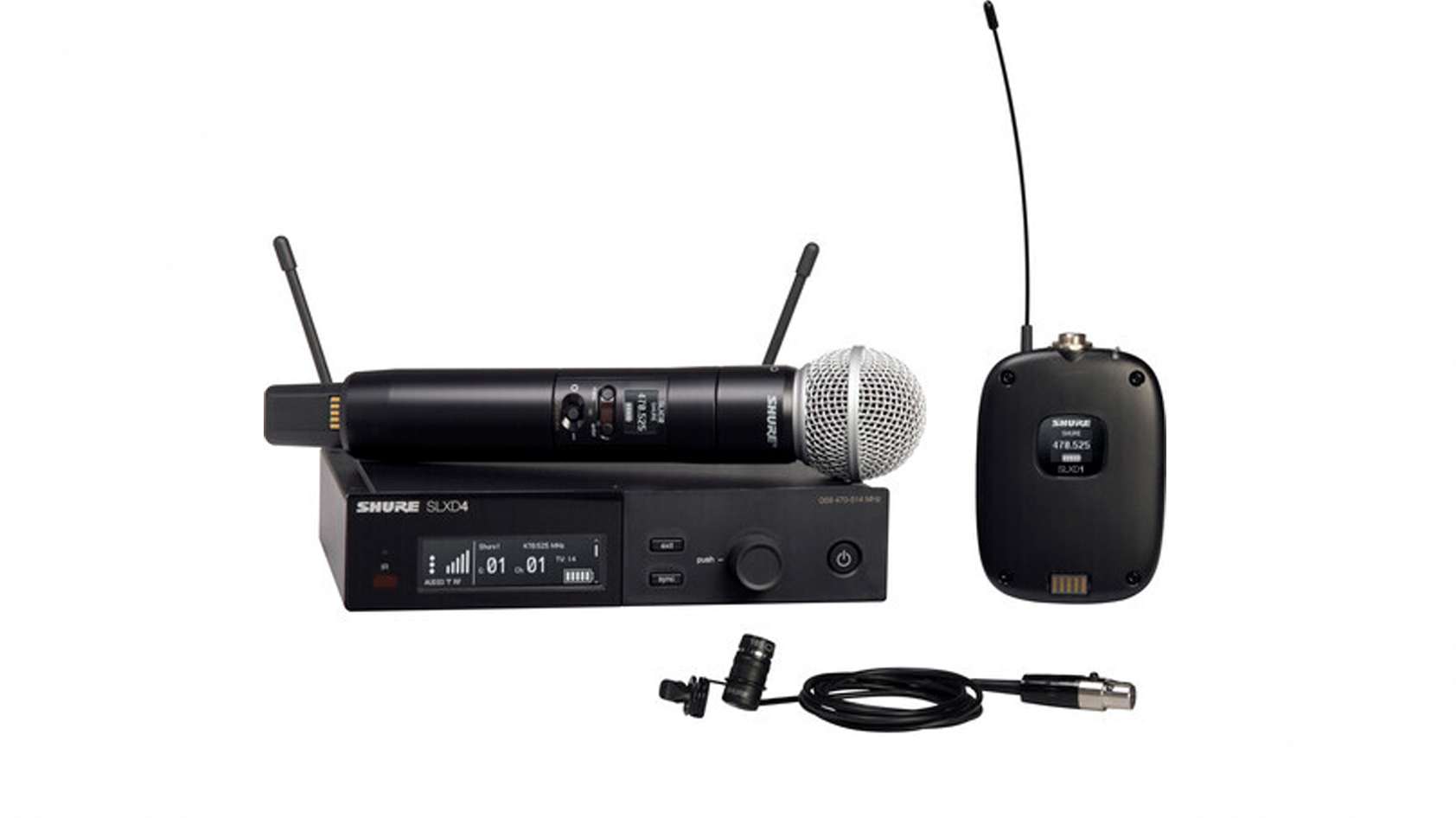 Shure-SLX-D-microphone-wireless-system Shure SLXD124/85 wireless microphone system against a white background.