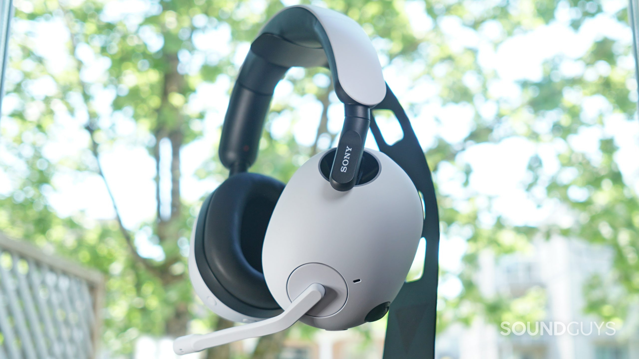 The Sony INZONE H9 sits on a headphone stand