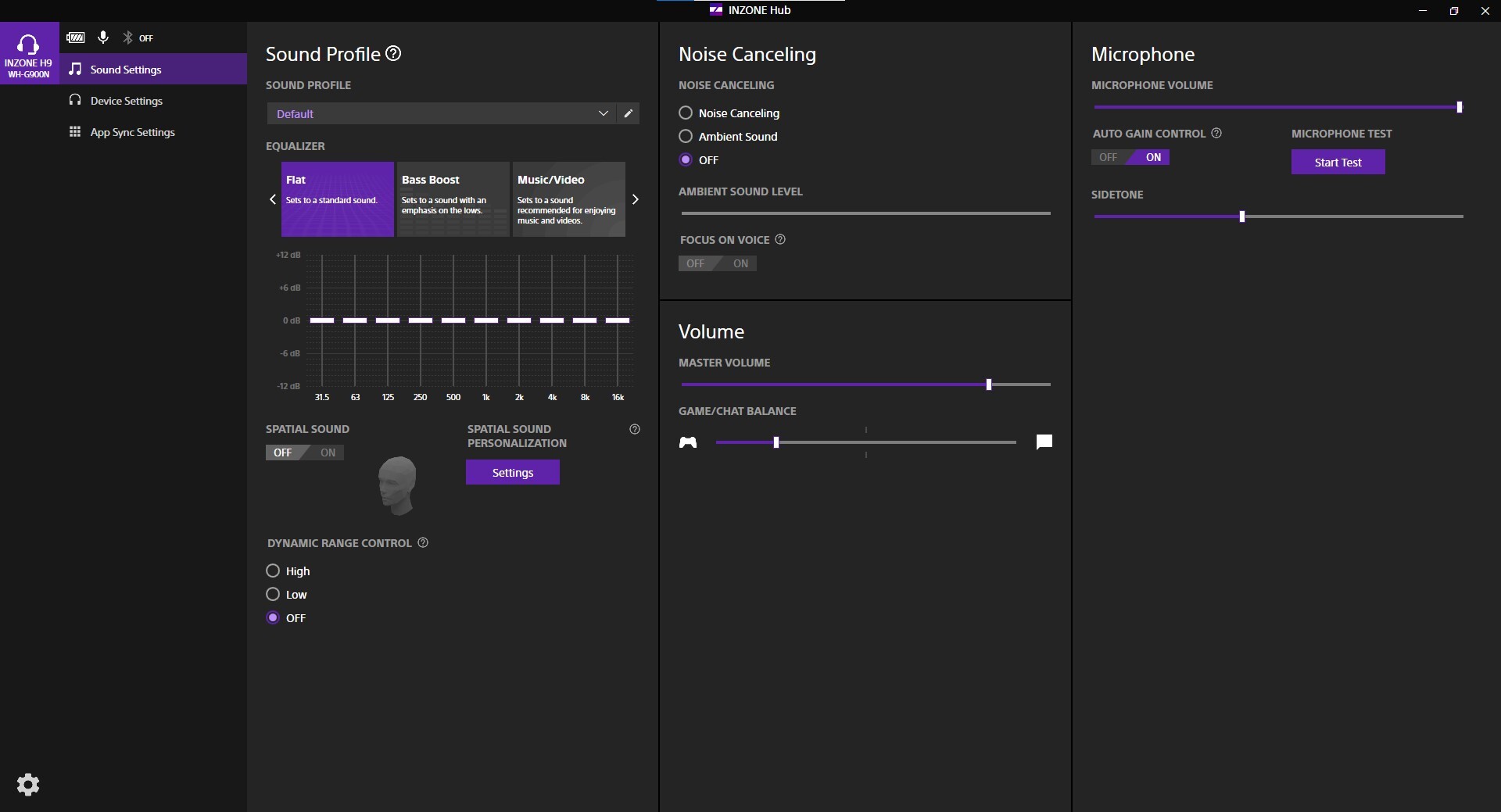 A screenshot of the Sony INZONE Hub app, displaying the options for the INZONE H9 headset.