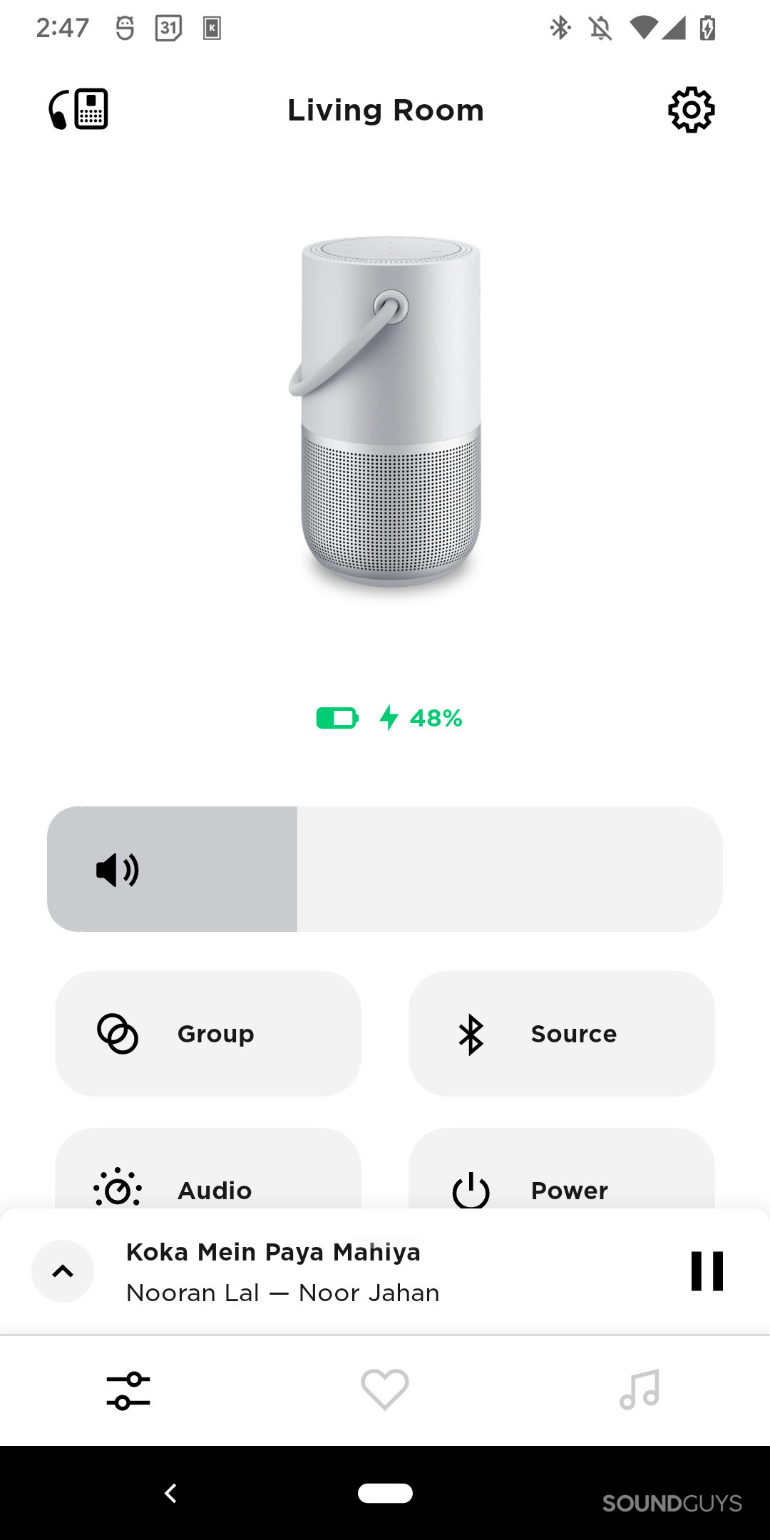 A screesnhot of the Bose Music app showing the home screen for the Bose Portable Smart Speaker with a volume slider, battery indicator, and buttons to access various settings.