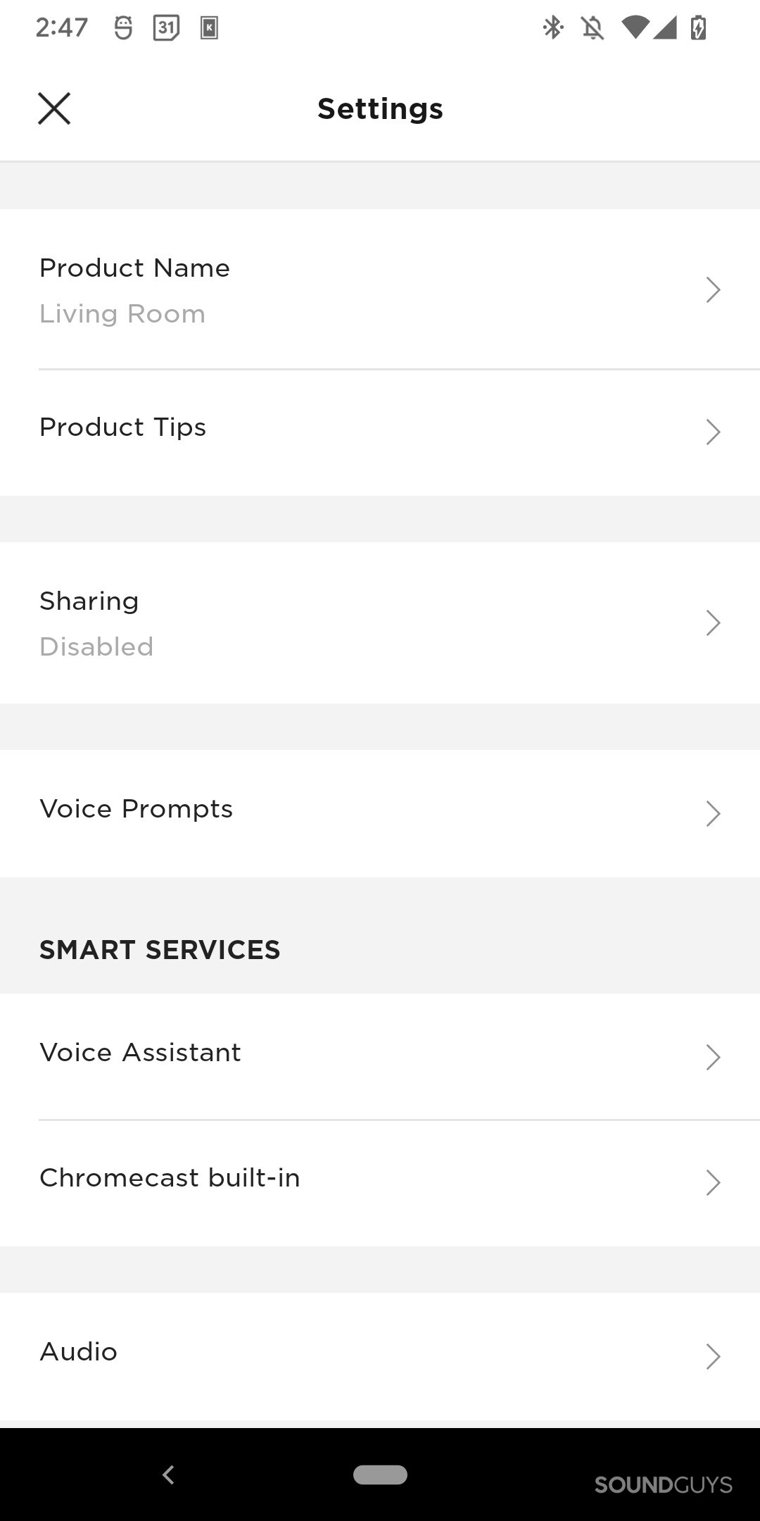 A screenshot of settings for the Bose Portable Smart Speaker in the Bose Music app.