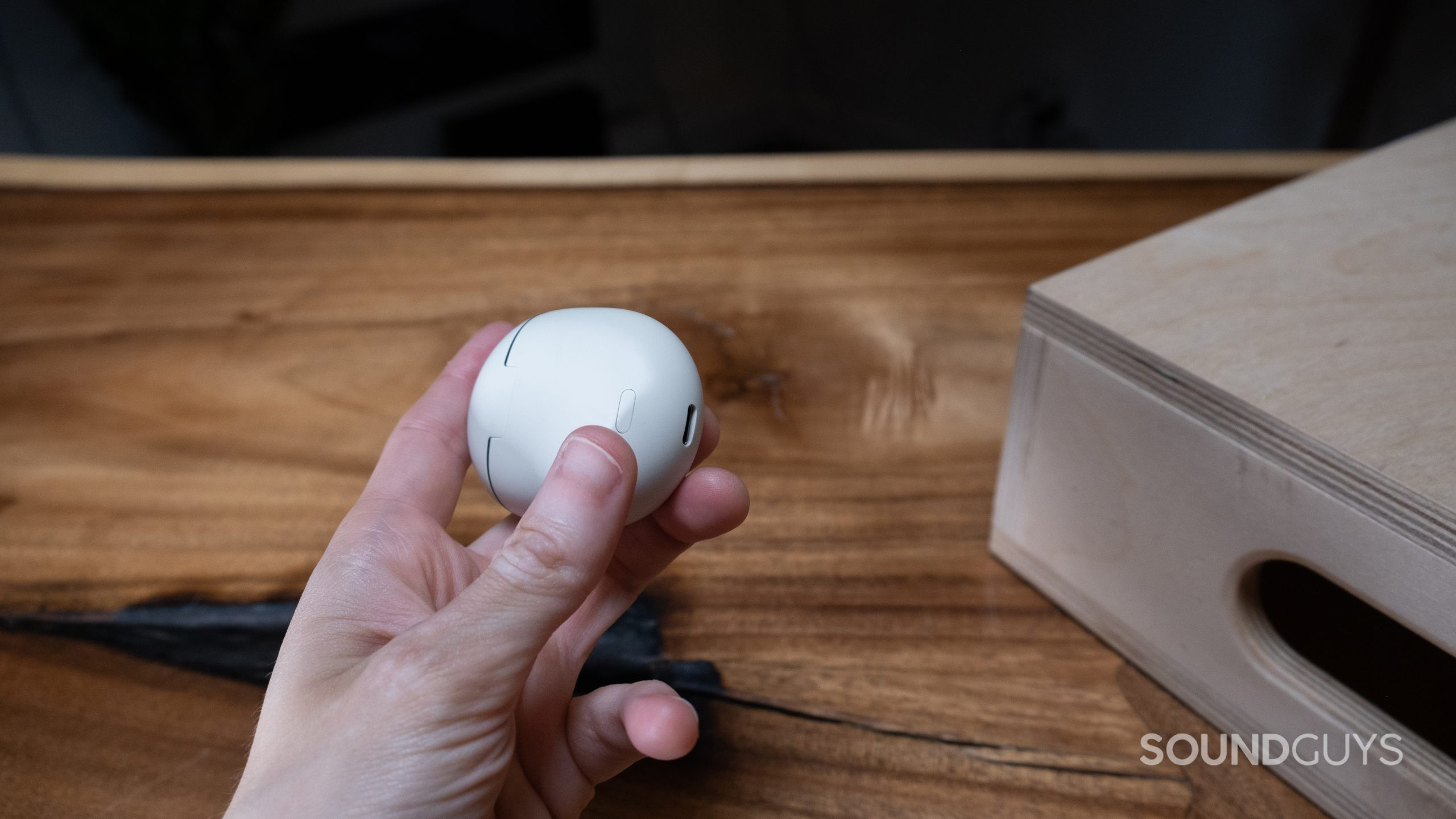 A hand holds the closed Google Pixel Buds Pro case showing the USB-C connection and the pairing button.