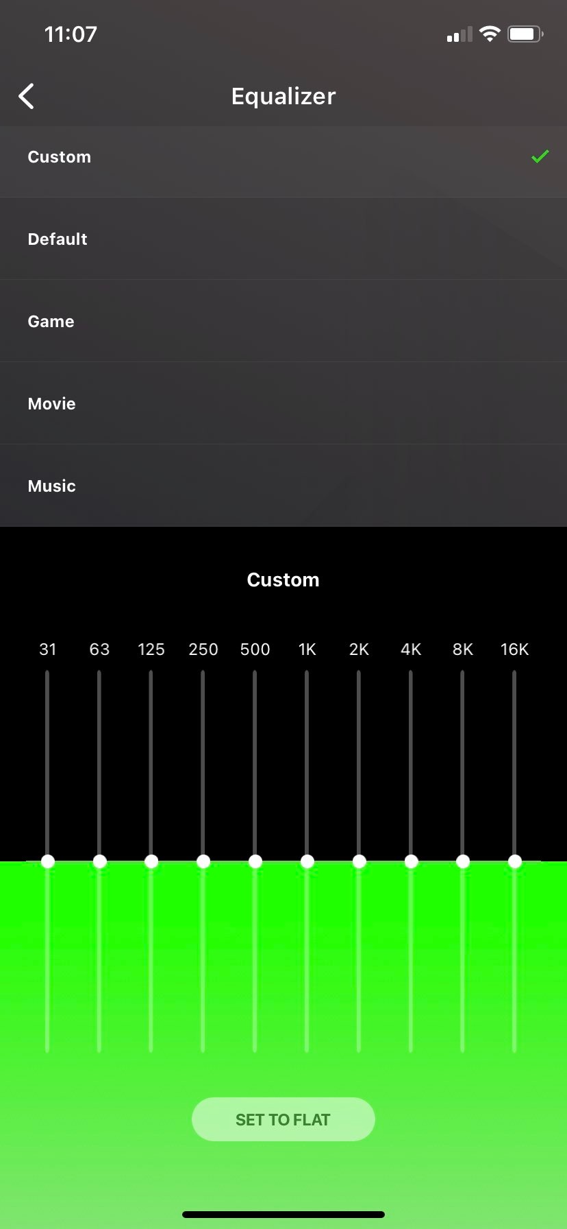 The Razer Audio app equalizer options for the Razer Barracuda X (2022)