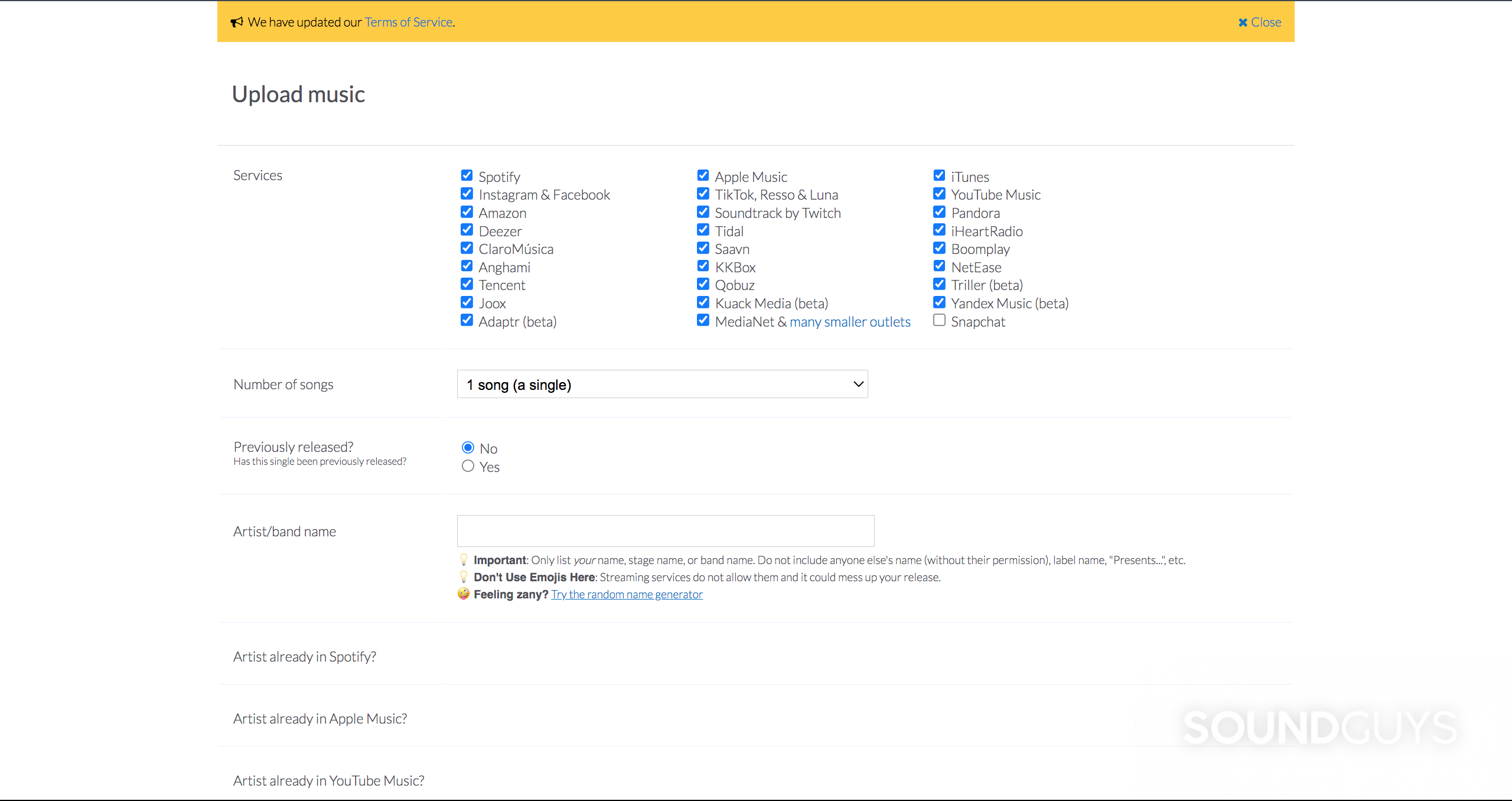 DistroKid music upload page and distribution partners checklist.