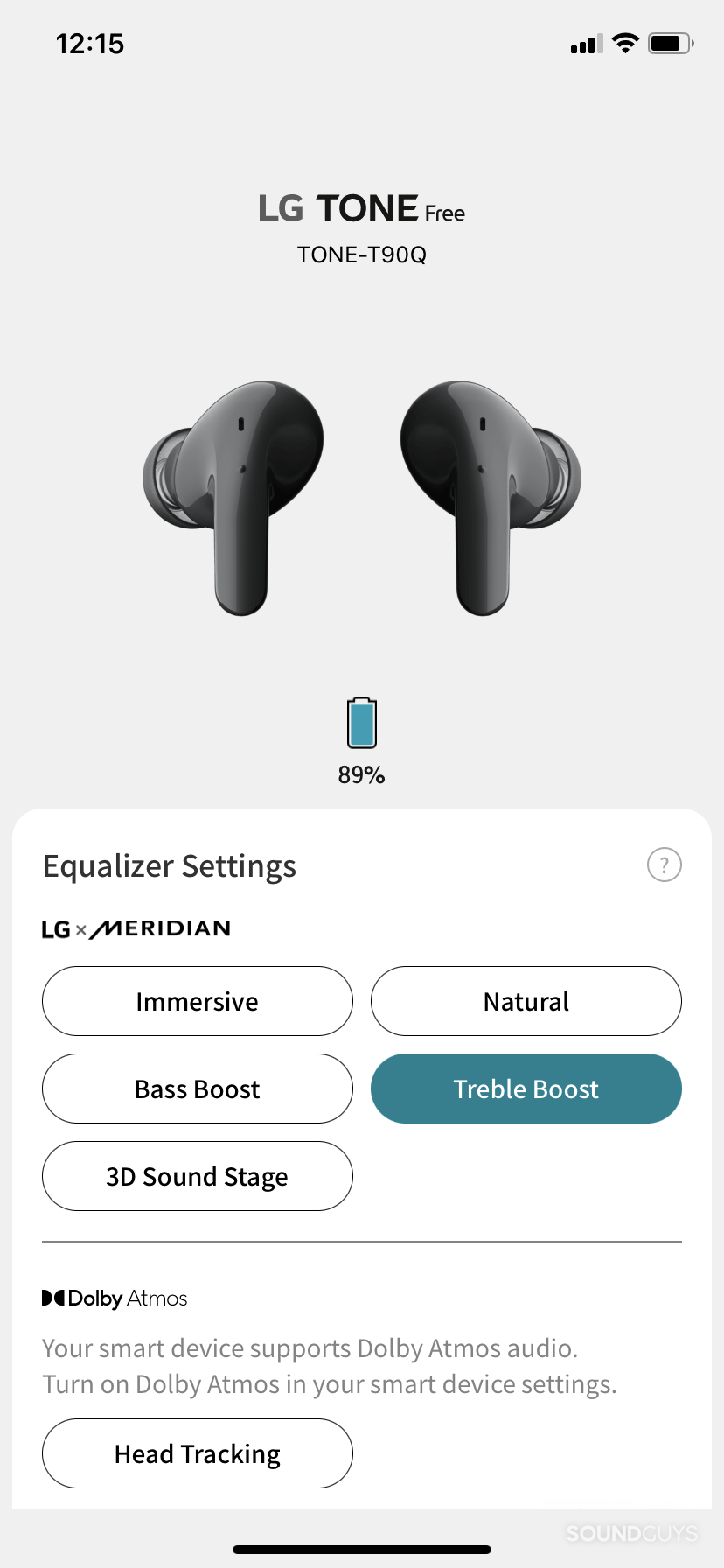 The LG TONE Free app for the LG TONE Free T90, showing the EQ presets and head tracking option..