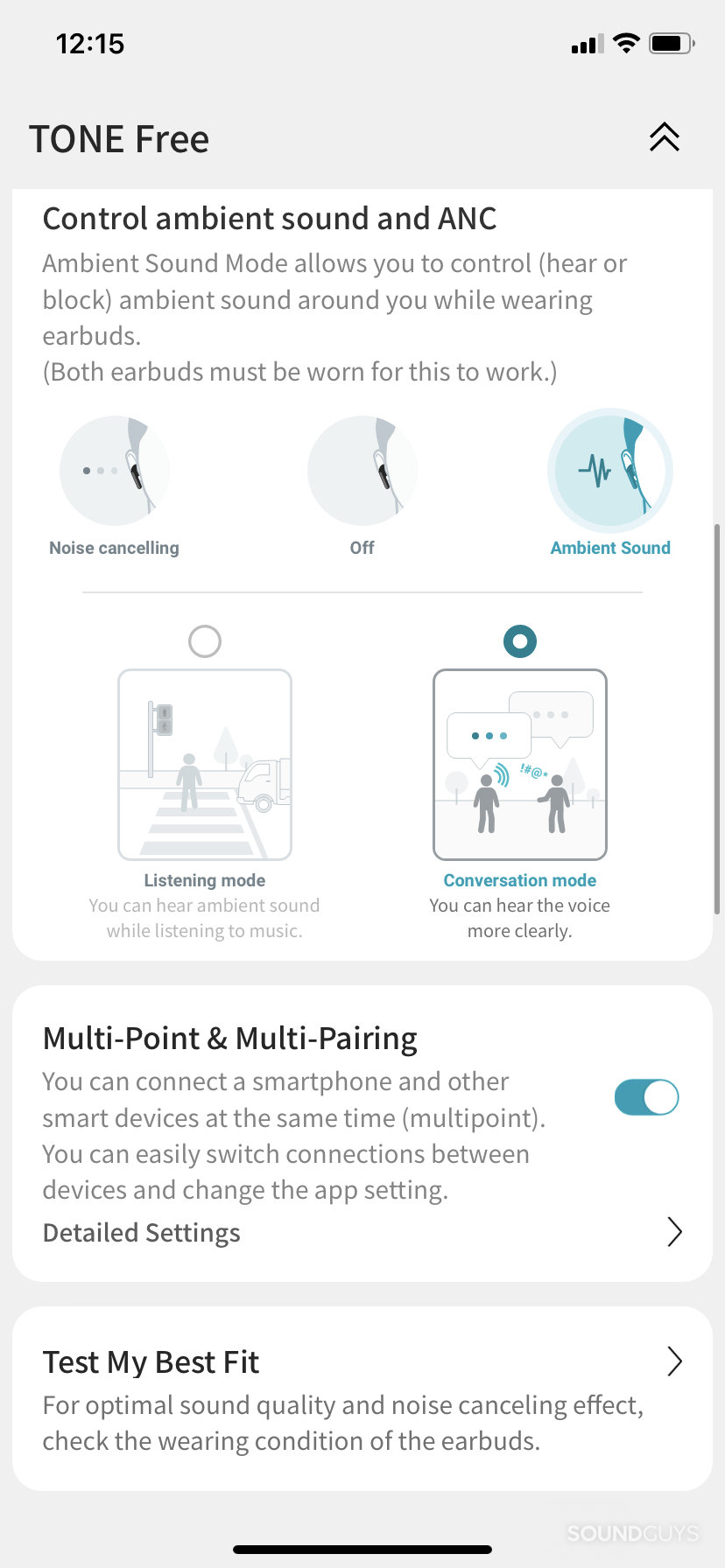 The LG TONE Free app for the LG TONE Free T90, showing the ANC and ambient sound options and multipoint toggle.