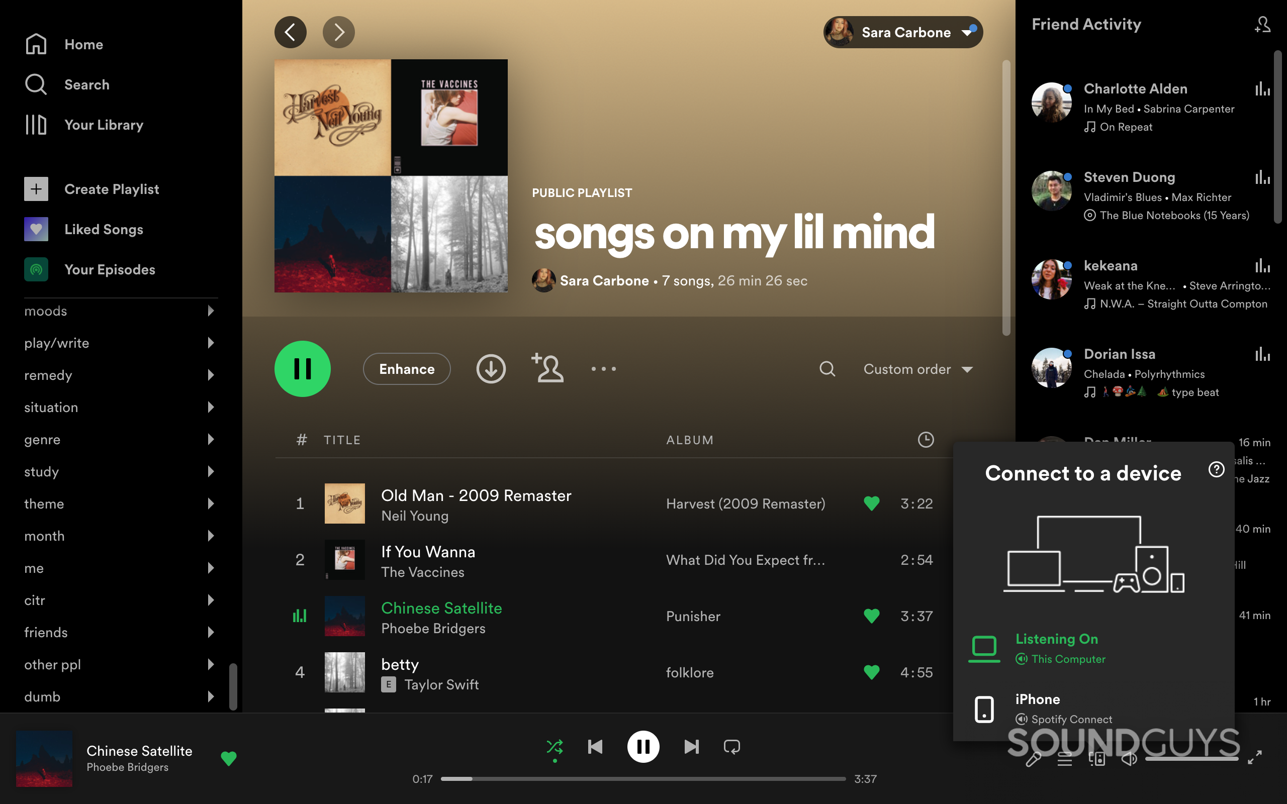 Spotify desktop interface showing a playlist and the &quot;Connect to a device&quot; window.