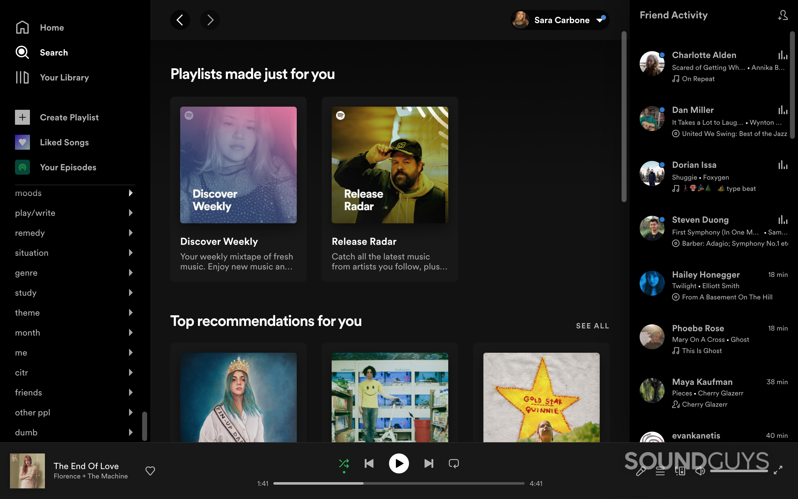 Spotify desktop interface showing discover tab.