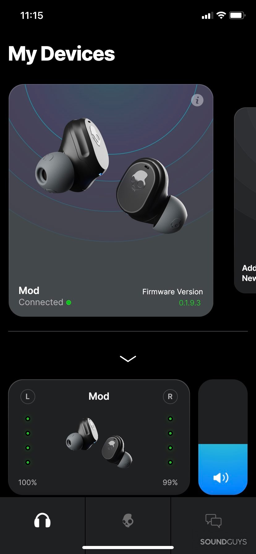 A screenshot of the Skullcandy app, showing the Mod XT connected to the app.