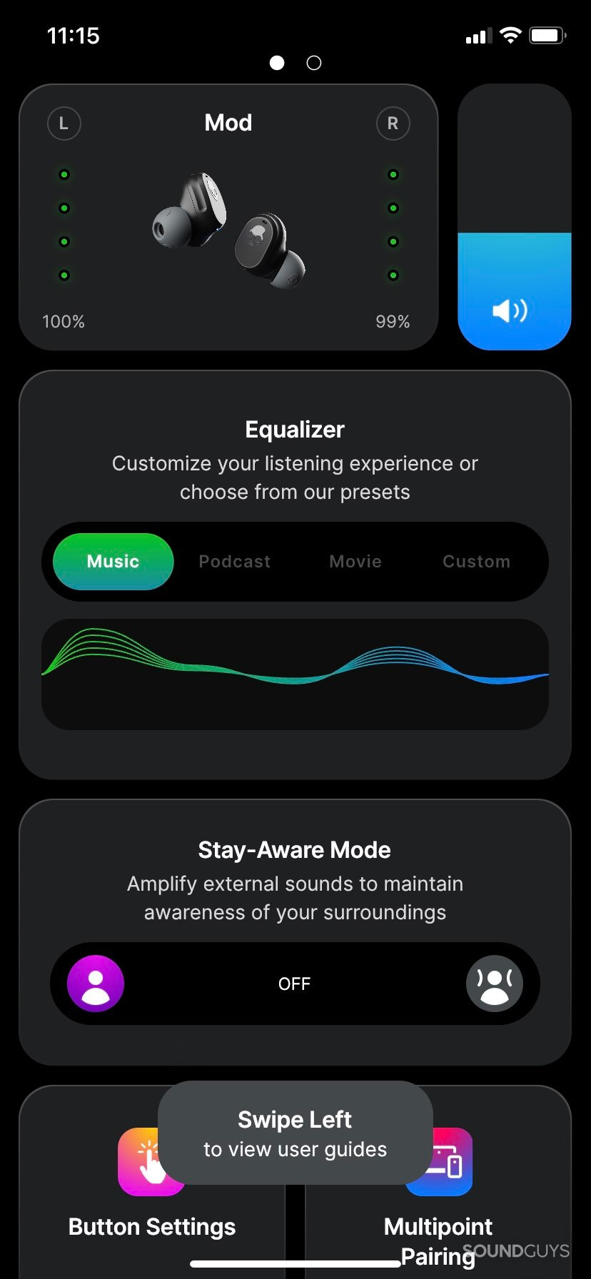 A screenshot of the Skullcandy app, showing each earbud's battery, the system volume, the equalizer, and stay aware button.