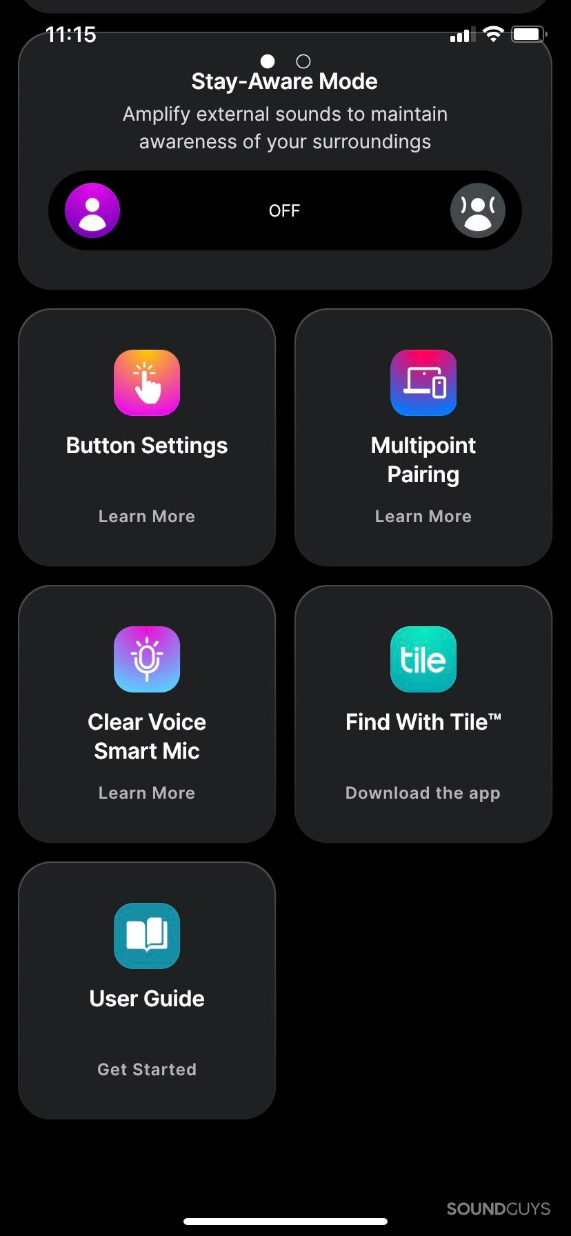 A screenshot of the Skullcandy app, showing the stay aware button, and widgets with more information on button settings, multipoint, and Tile.
