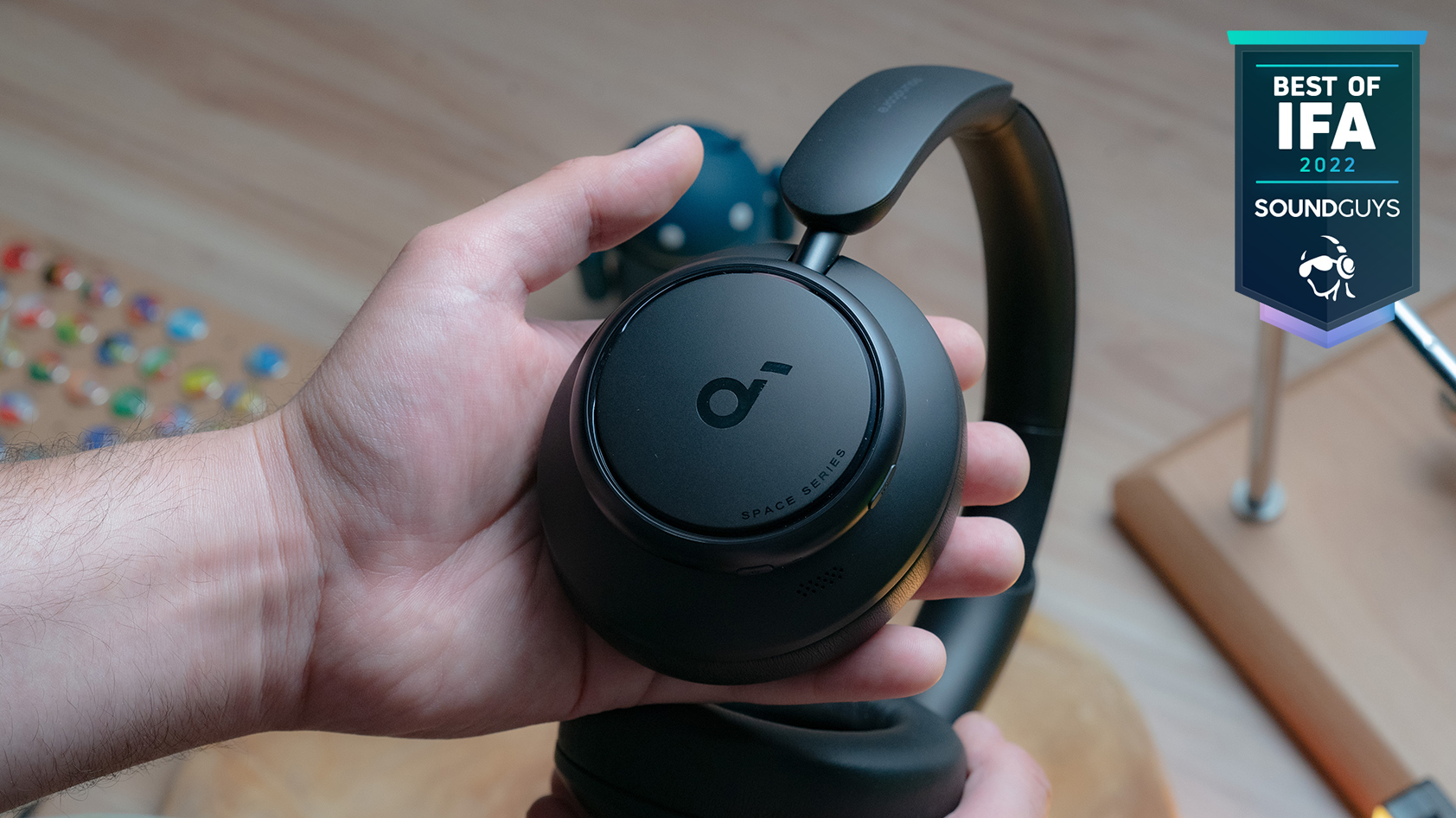 Anker Soundcore Space Q45 hand IFA badge A handheld view of the Anker Soundcore Space Q45's ear cup.