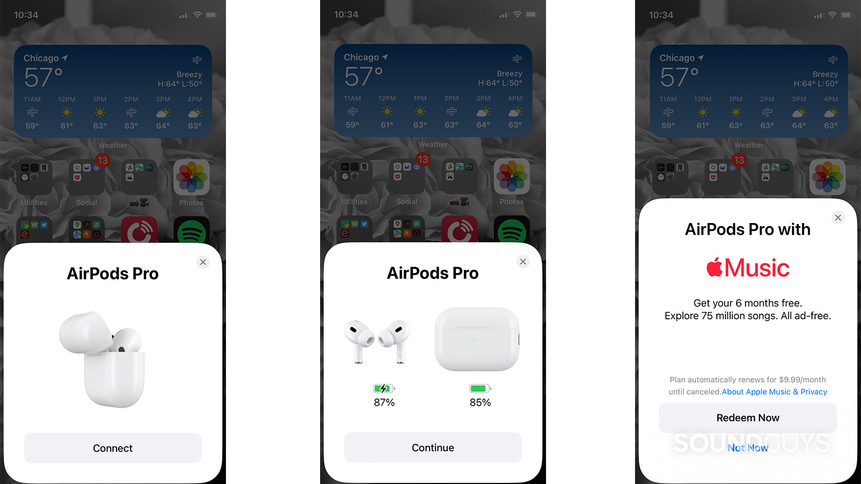 Screen shots of the Apple AirPods Pro (2nd generation) pairing pop-up cards on an iPhone.