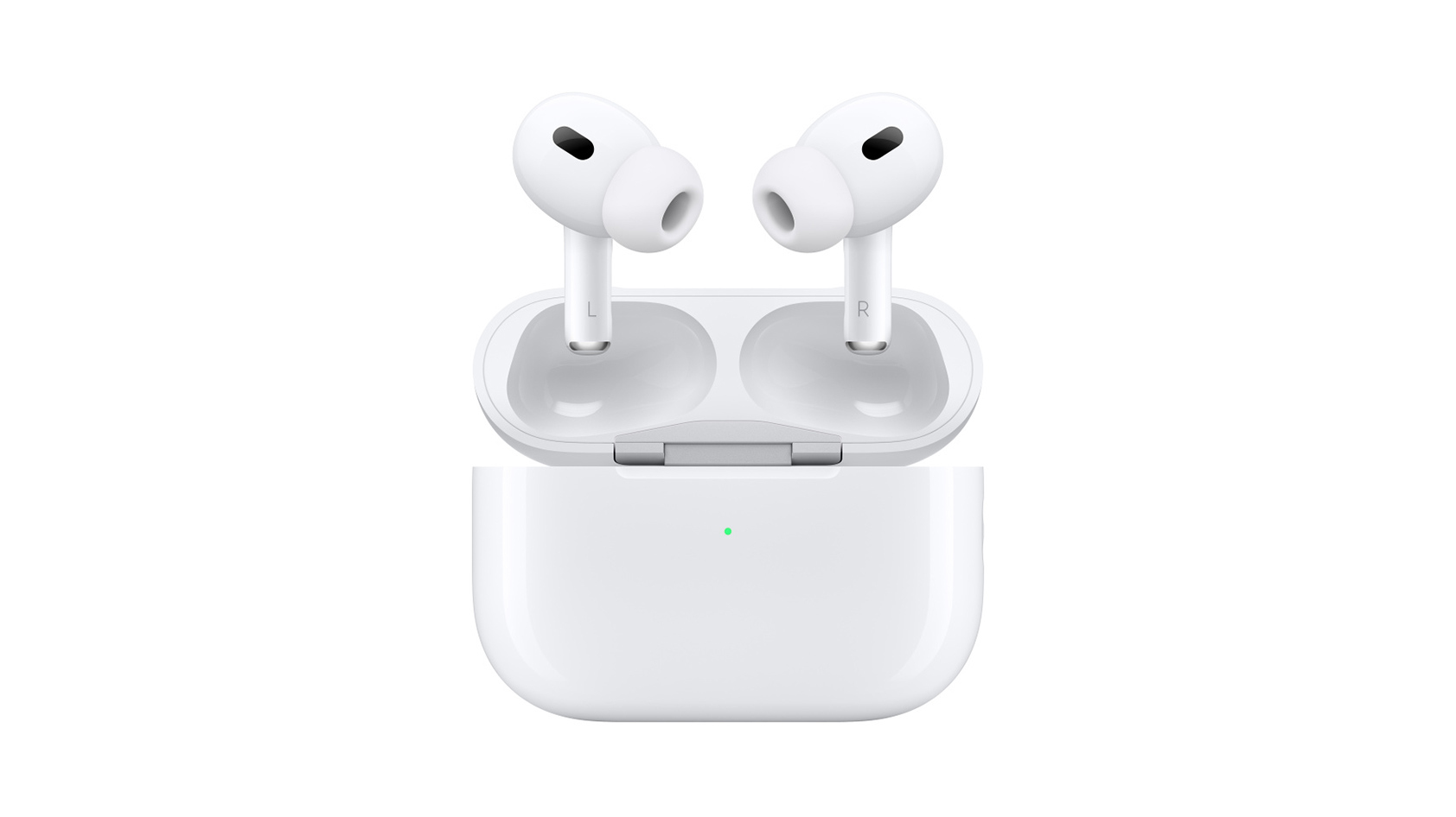 The Apple AirPods Pro (2nd generation) wireless earphones in white coming out of the MagSafe charging case which stands vertically.