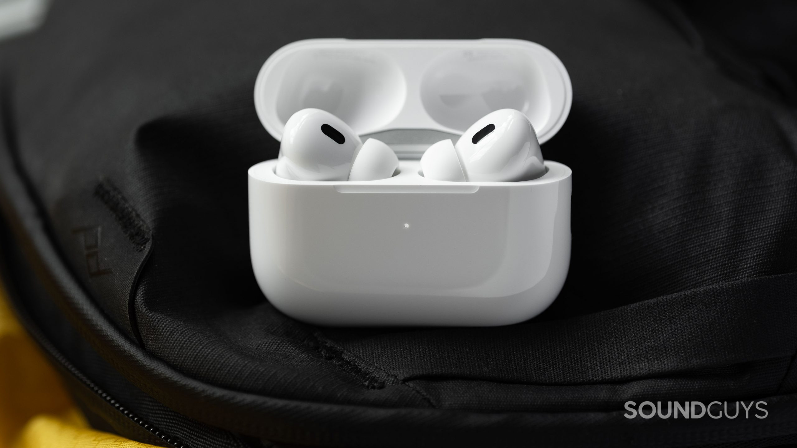 Apple AirPods Pro (2nd generation) true wireless earbuds case open headshot The Apple AirPods Pro (2nd generation) case is open to reveal the noise canceling wireless earbuds inside.