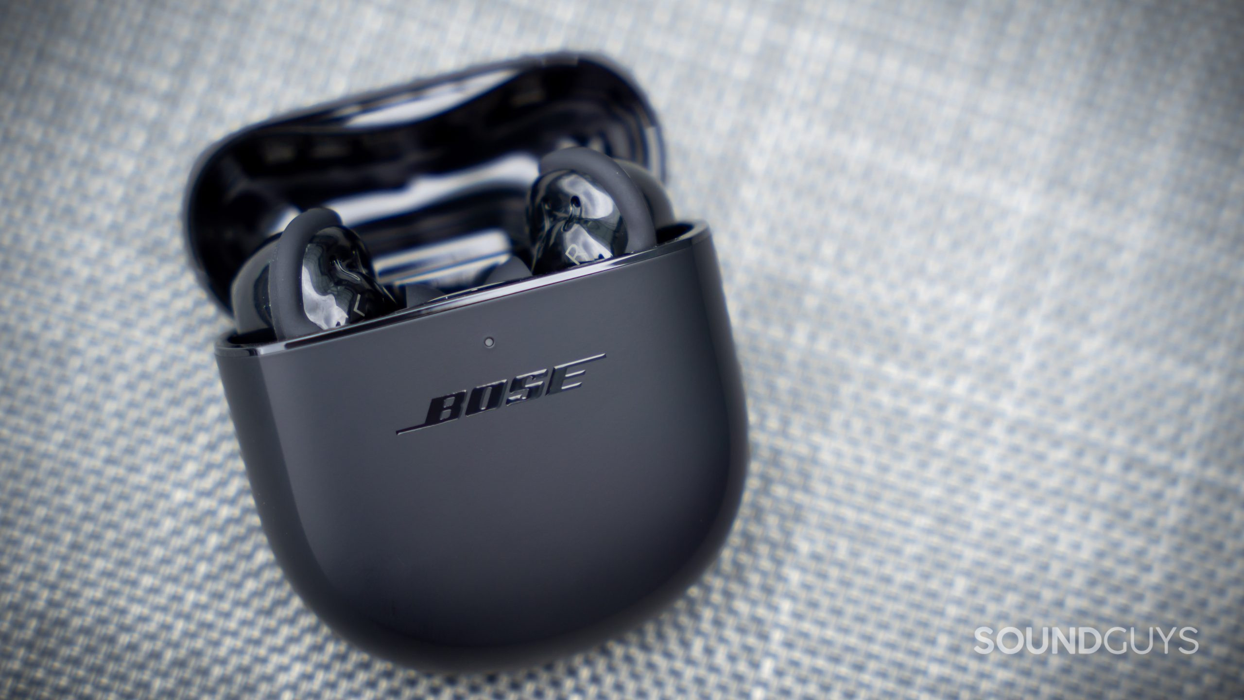 Bose QuietComfort Earbuds II true wireless noise canceling case open The open Bose QuietComfort Earbuds II charging case with the earbuds inside.