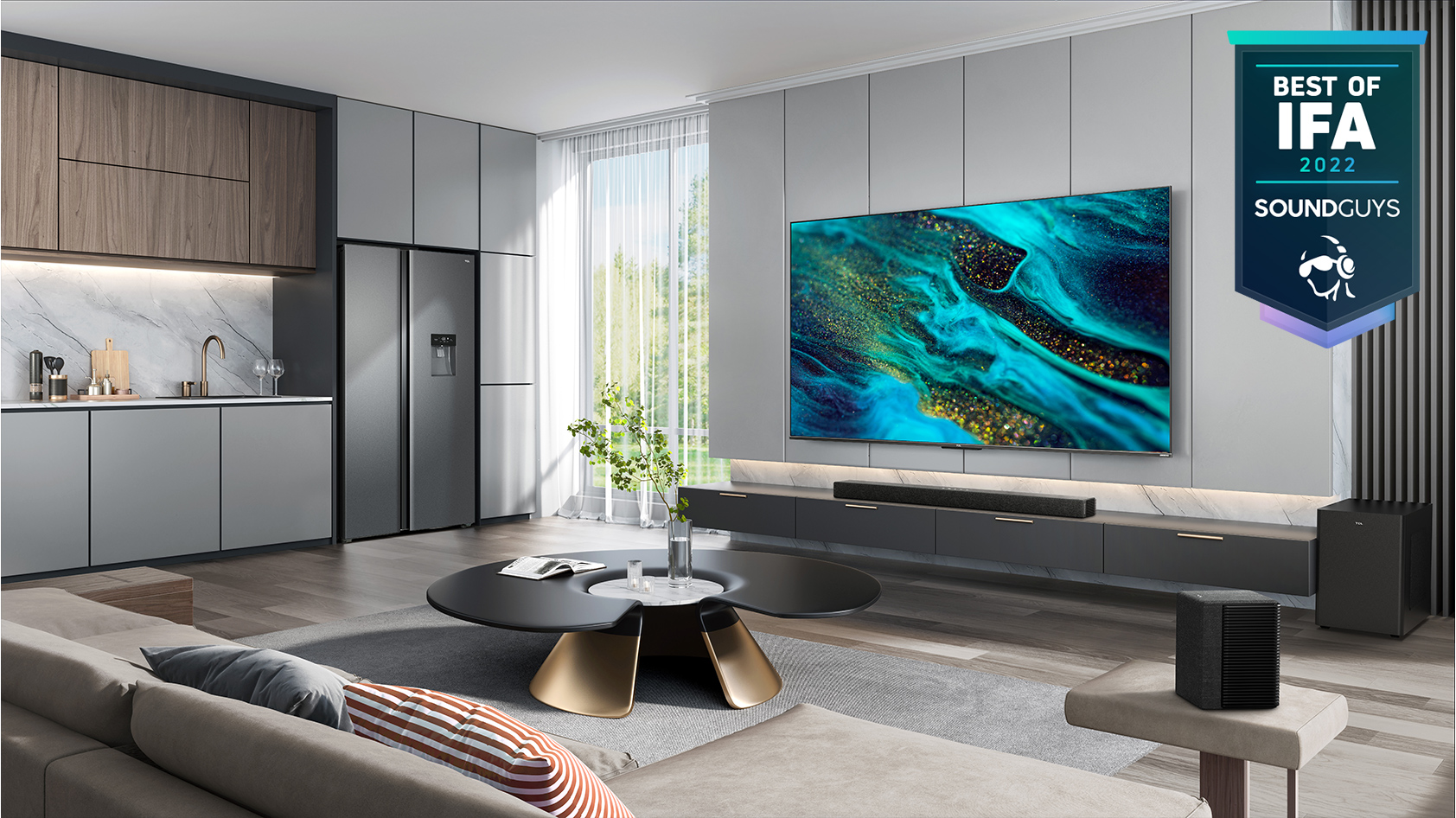 TCL RAY-DANZ X937U soundbar living room IFA badge The TCL RAY-DANZ X937U soundbar sits in a well-furnished living room with grey and beige furniture.
